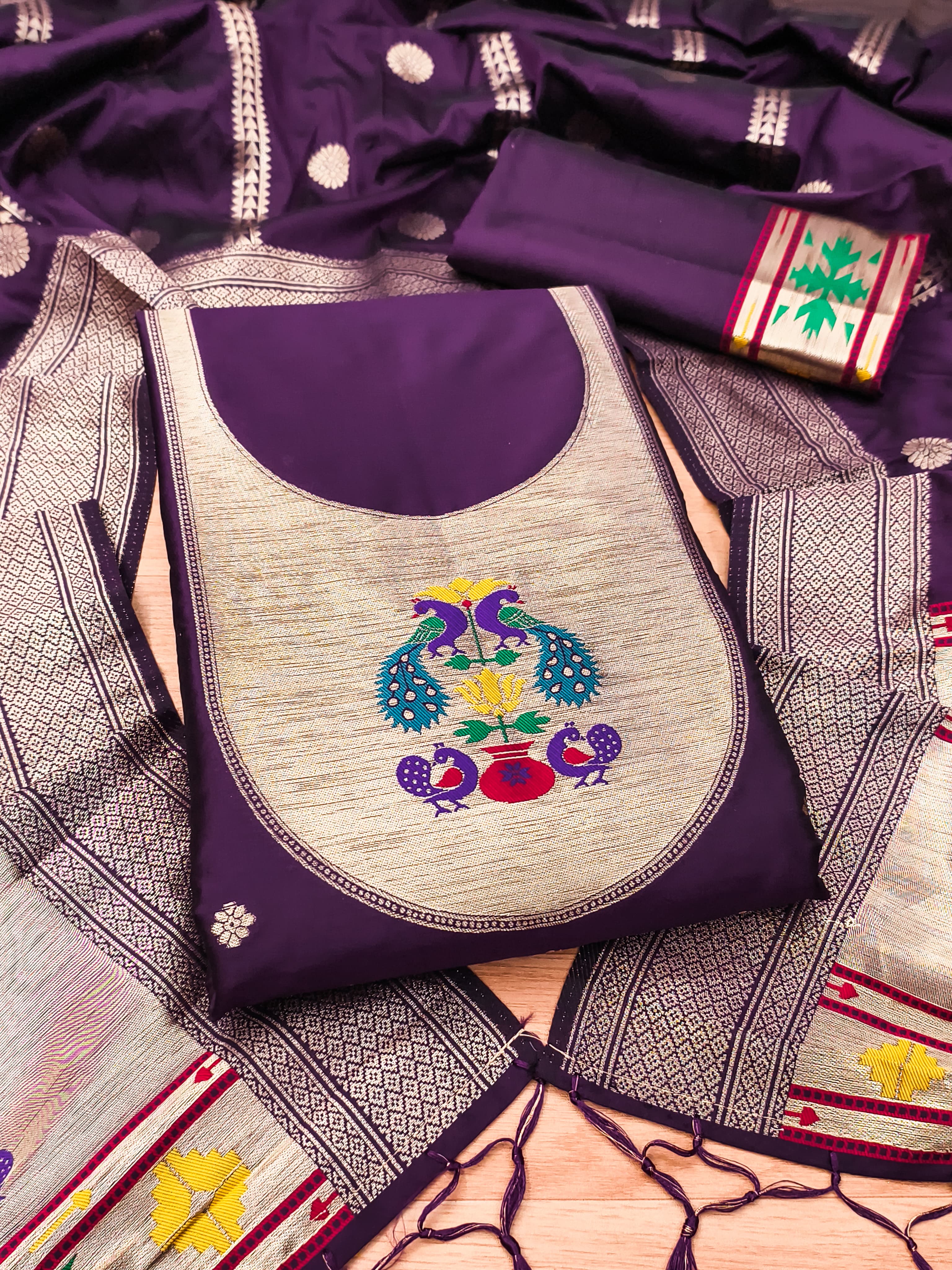 Teal Color Paithani woven Pattern Top, Bottom & Dupatta Dress Material