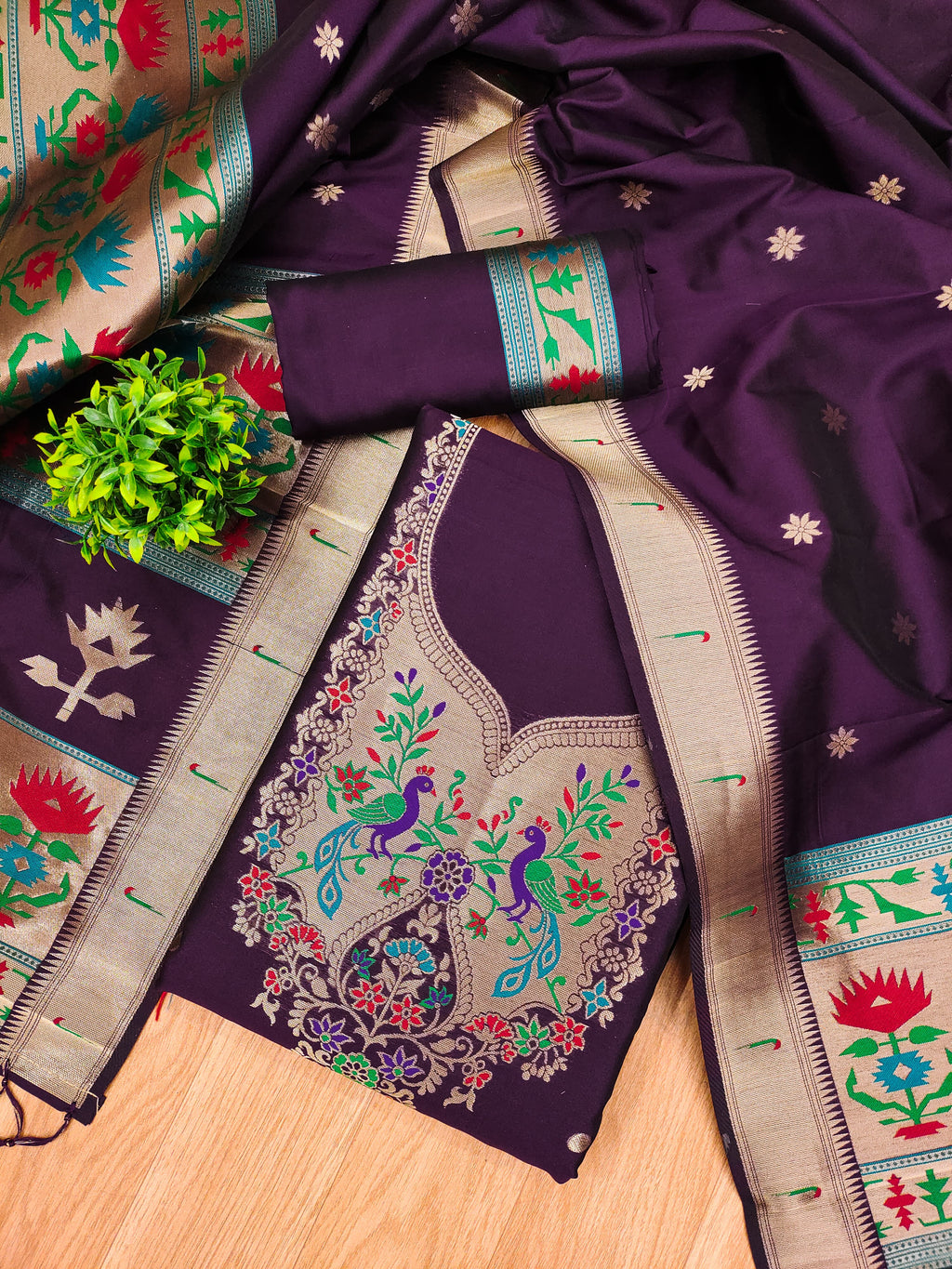 Wine Color Paithani woven Pattern Top, Bottom & Dupatta Dress Material
