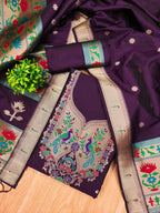 Wine Color Paithani woven Pattern Top, Bottom & Dupatta Dress Material