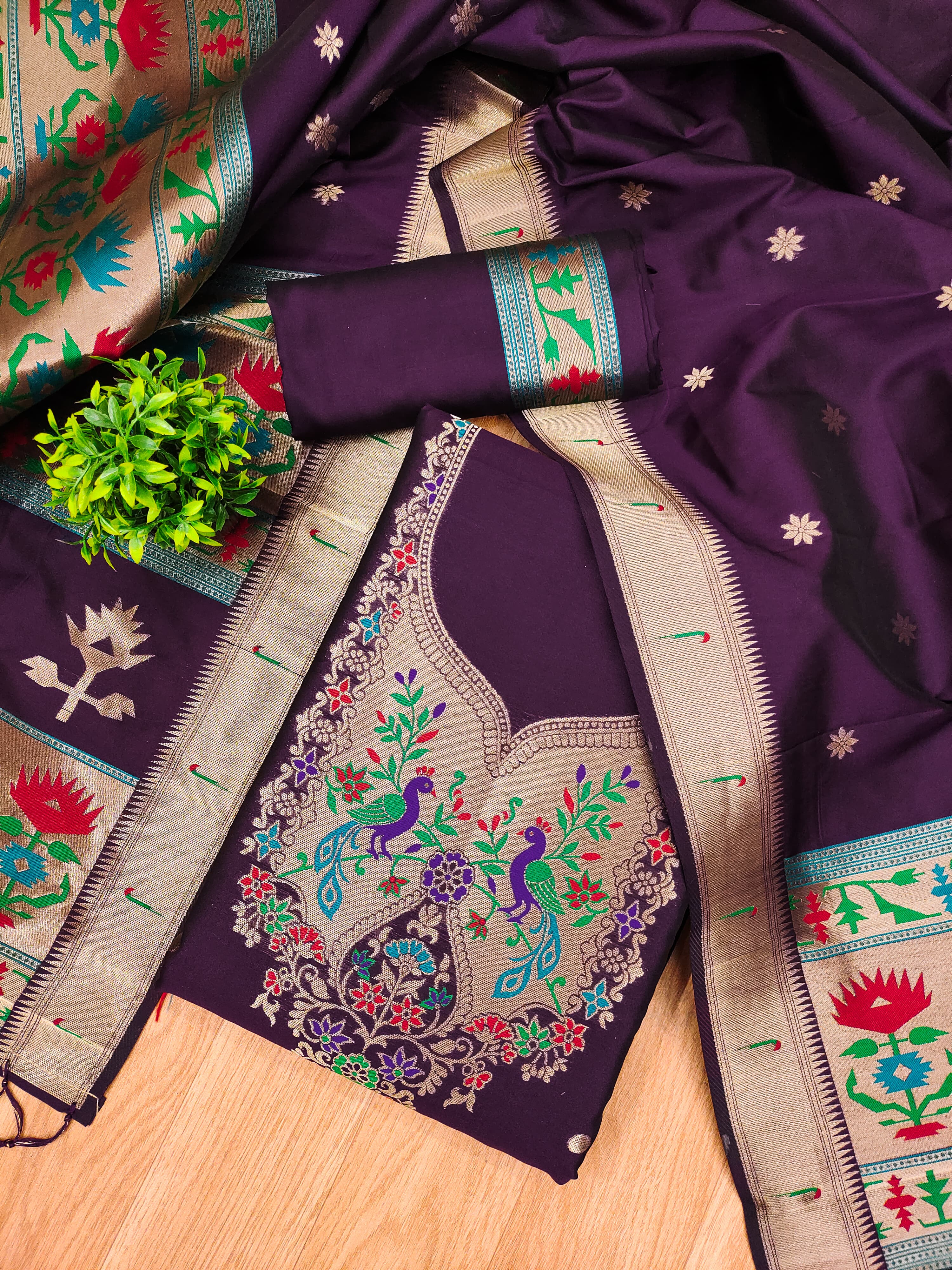 Wine Color Paithani woven Pattern Top, Bottom & Dupatta Dress Material