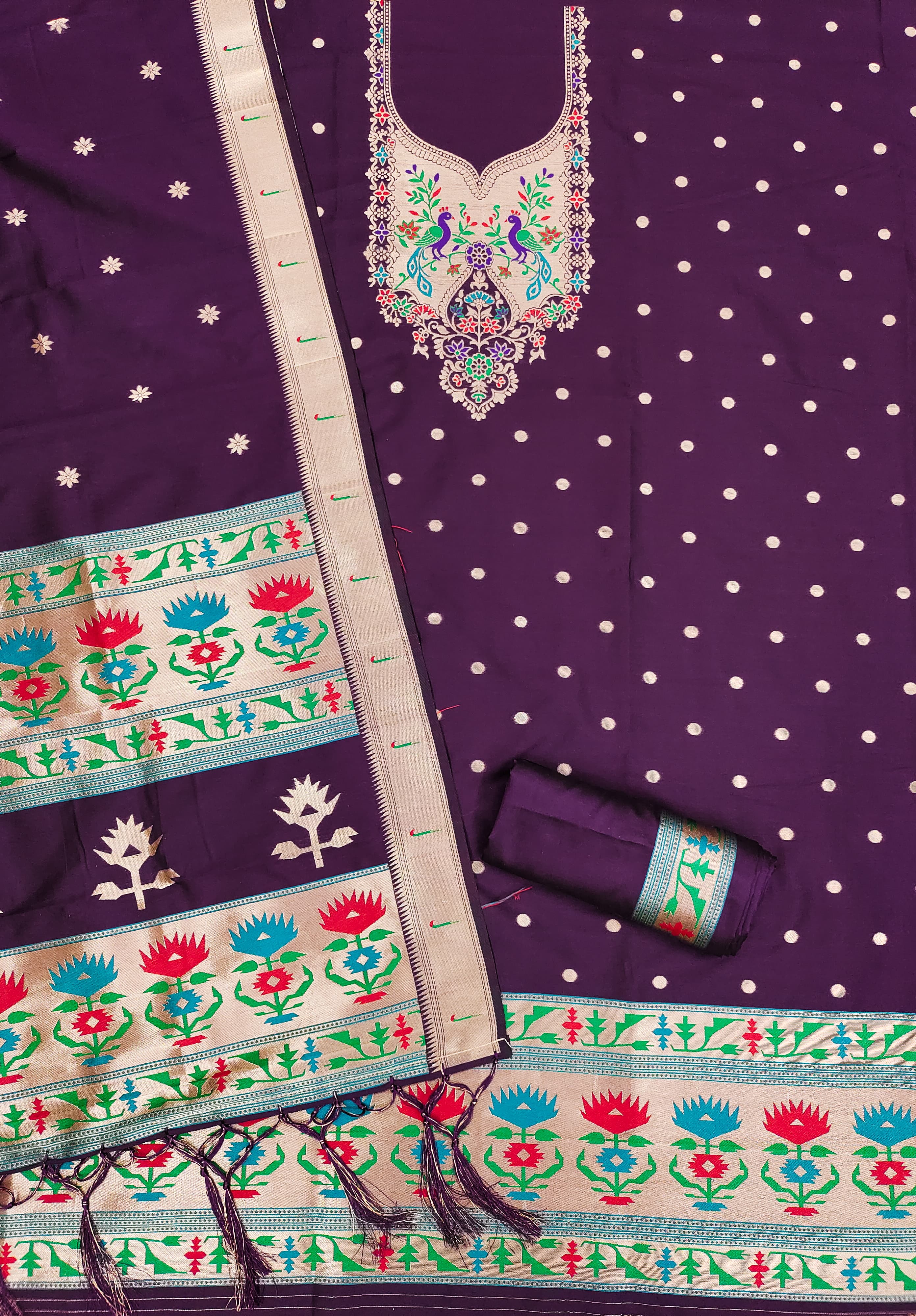 Wine Color Paithani woven Pattern Top, Bottom & Dupatta Dress Material