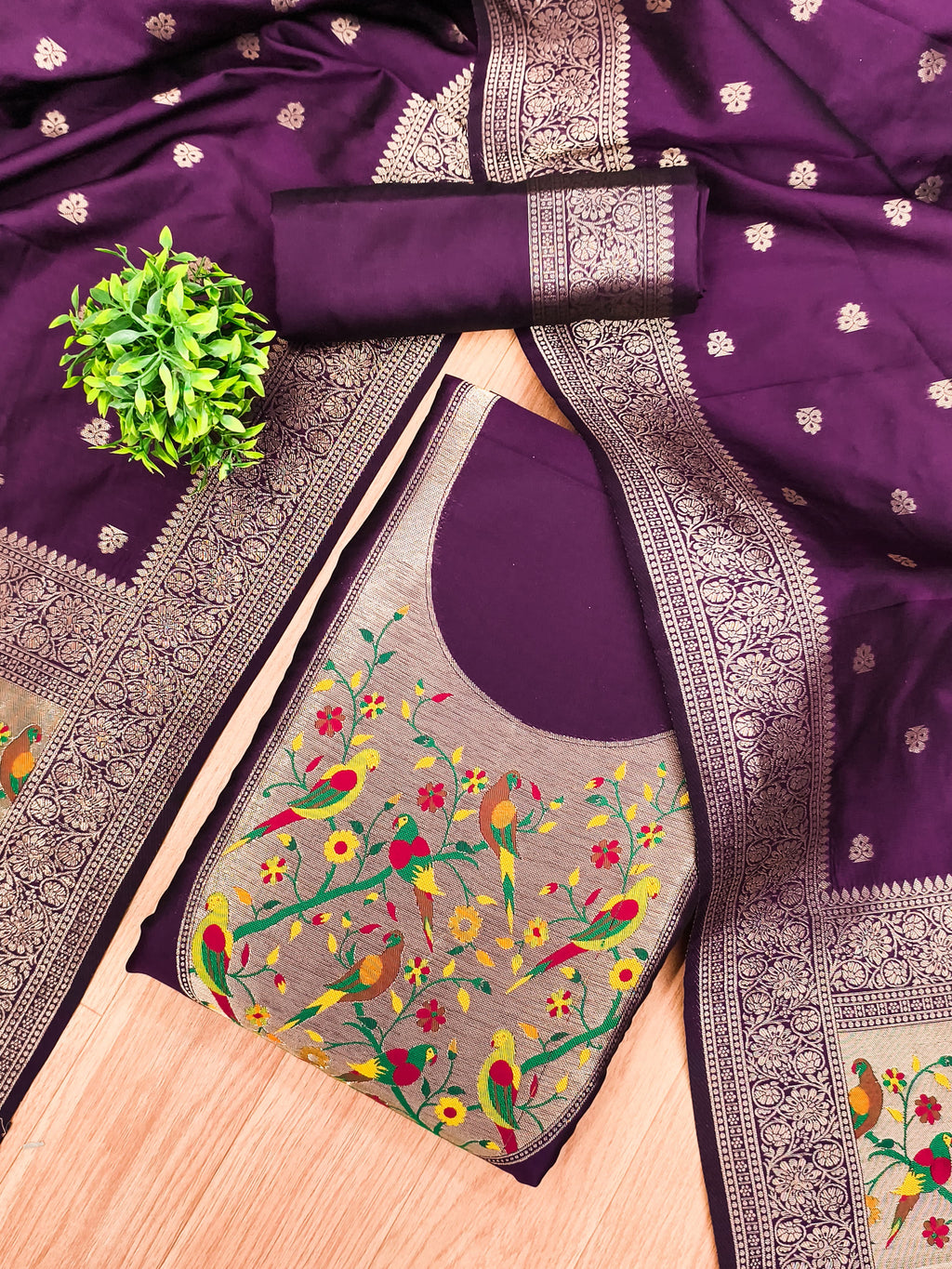 Magenta Color Paithani woven Pattern Top, Bottom & Dupatta Dress Material