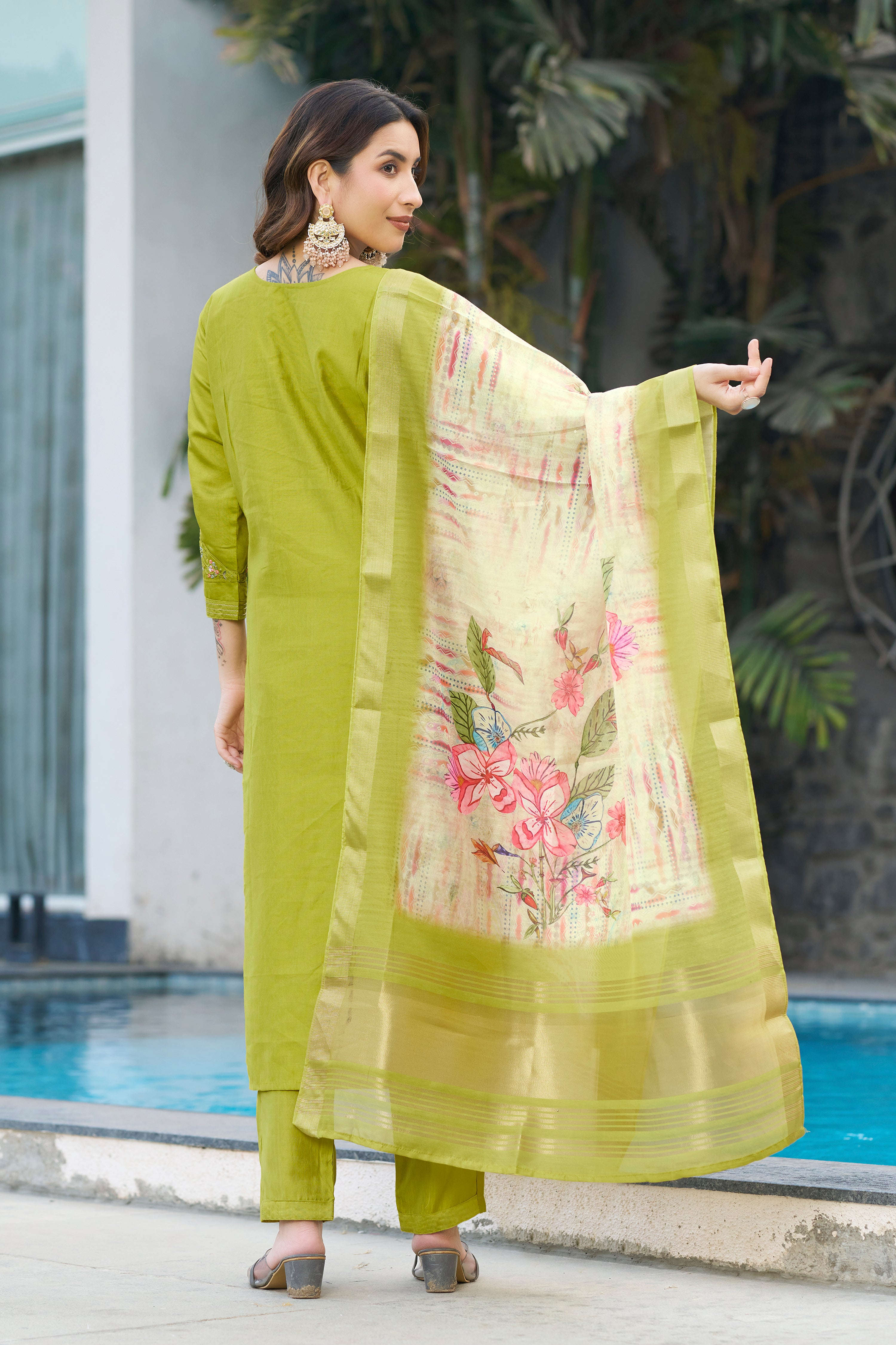 Elegant Straight Kurti Pant Dupatta Set KADV-115 - Parrot Green Kalikar