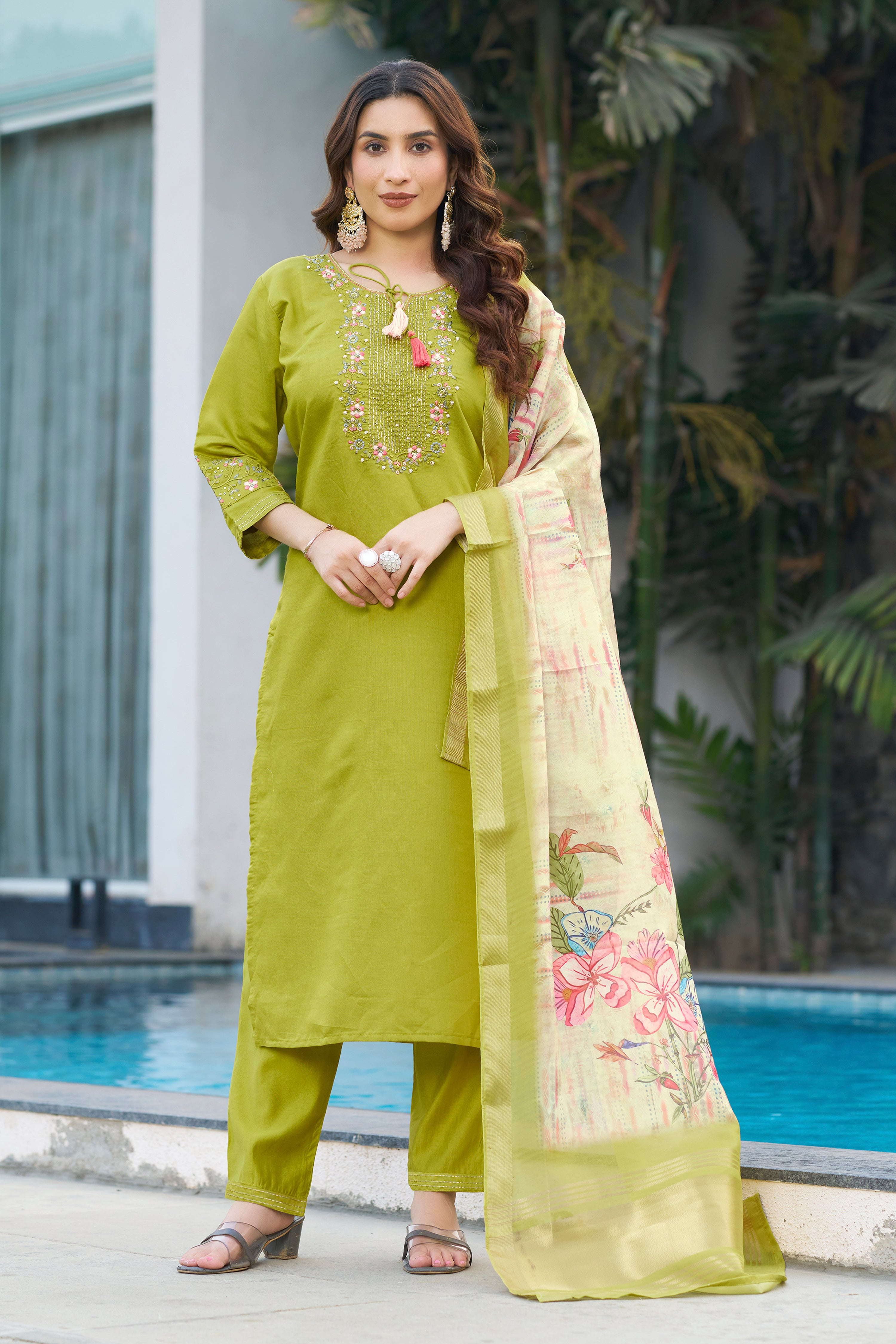 Elegant Straight Kurti Pant Dupatta Set KADV-115 - Parrot Green Kalikar