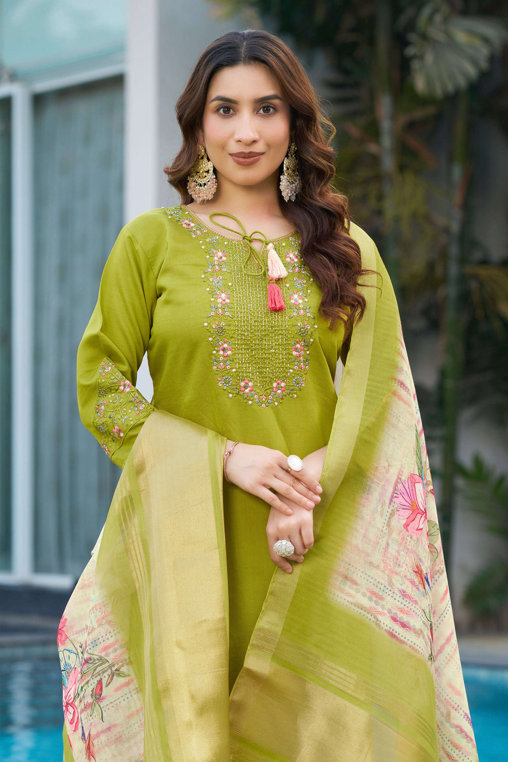 Elegant Straight Kurti Pant Dupatta Set KADV-115 - Parrot Green Kalikar