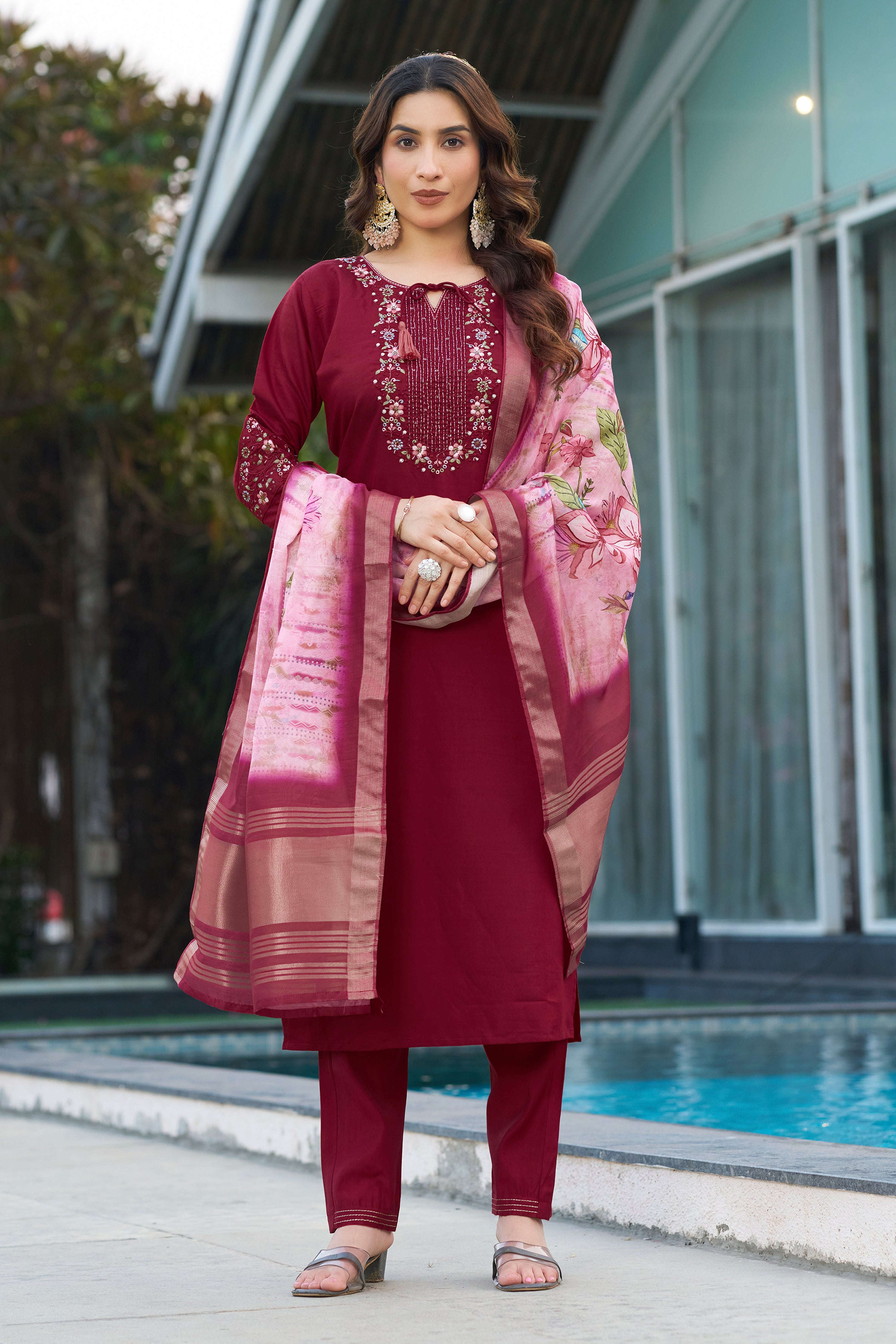 Elegant Straight Kurti Pant Dupatta Set KADV-115 - Maroon Kalikar