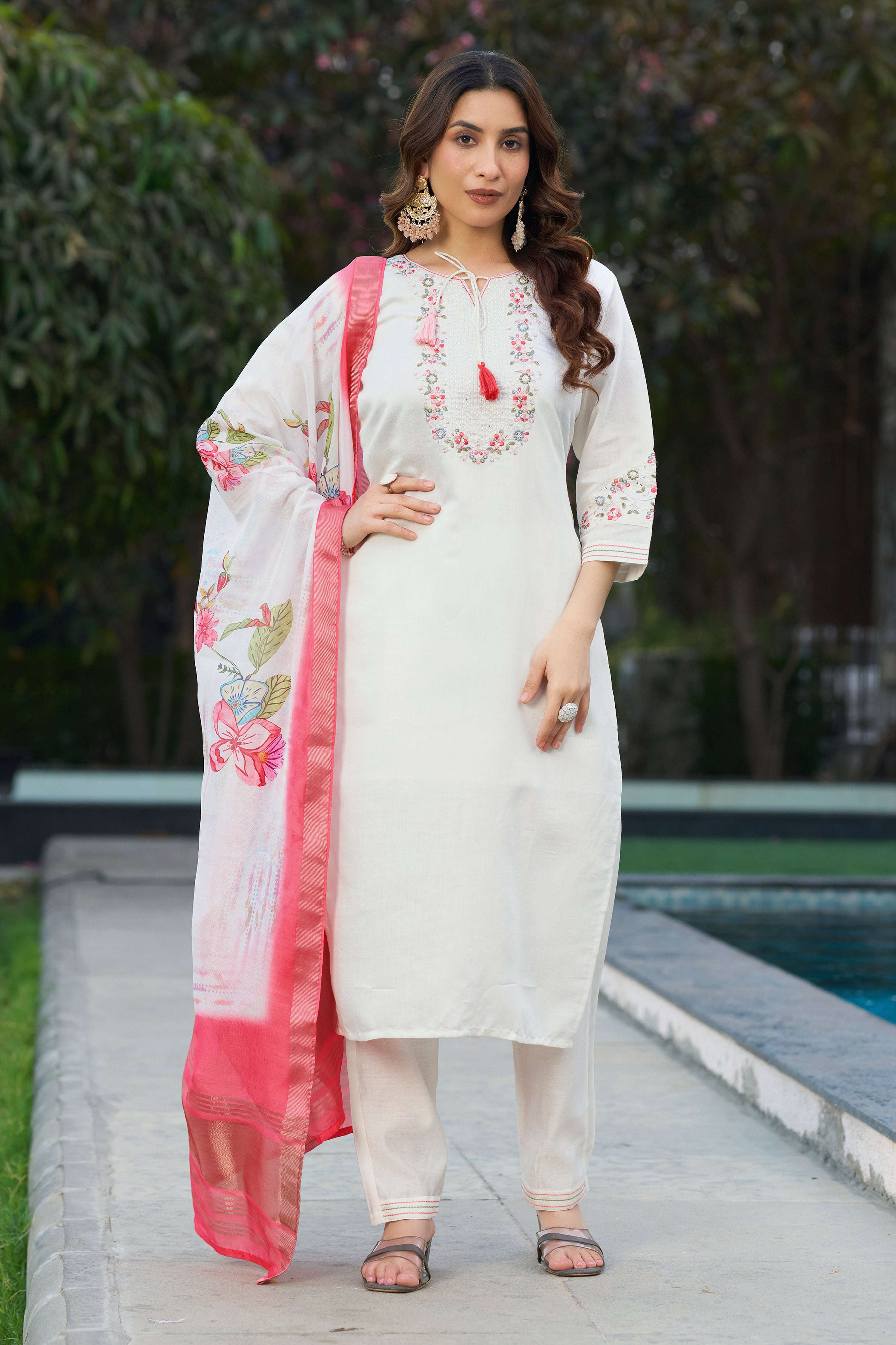 Elegant Straight Kurti Pant Dupatta Set KADV-115 - White Kalikar