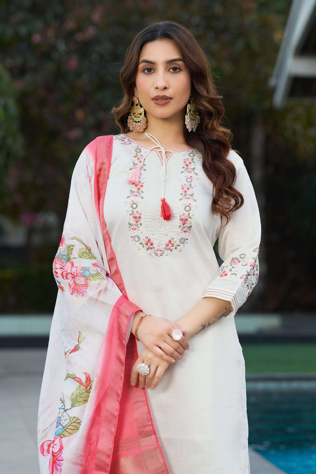 Elegant Straight Kurti Pant Dupatta Set KADV-115 - White Kalikar