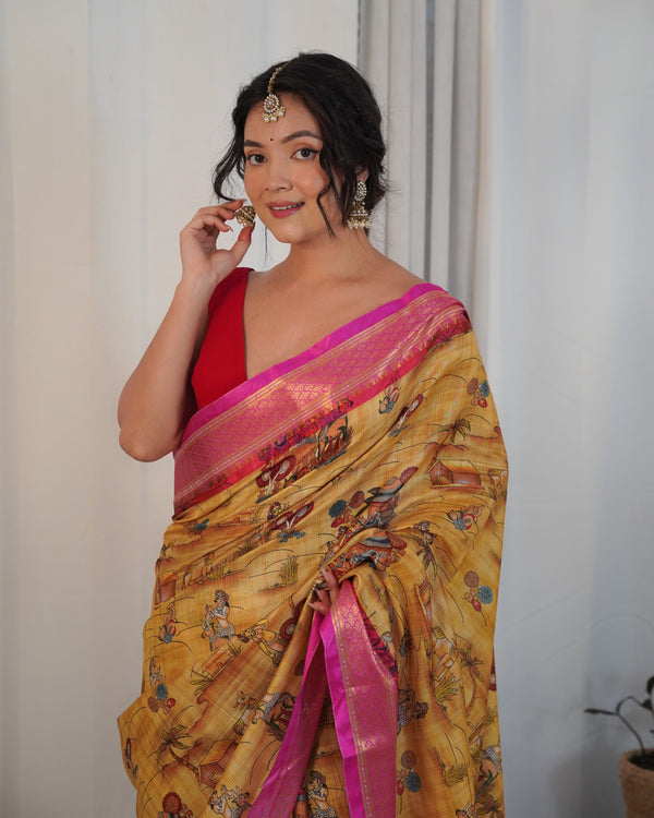 Pure Weaving Silk Saree with Kalamkari Print.