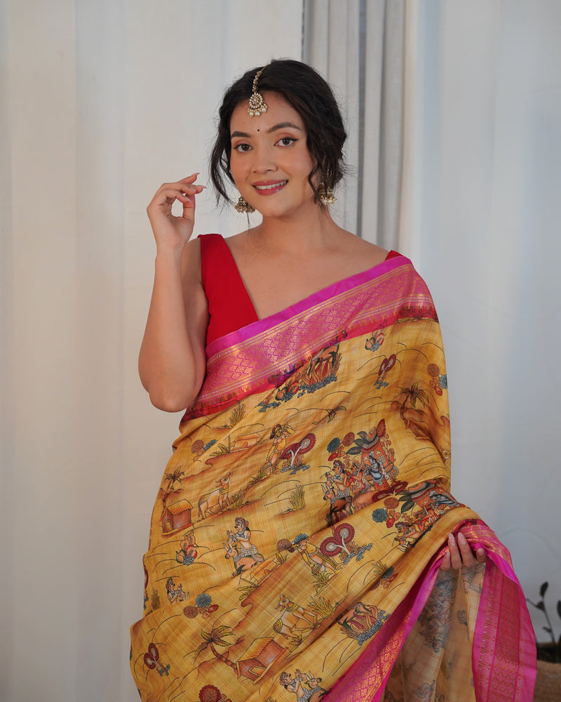 Pure Weaving Silk Saree with Kalamkari Print.