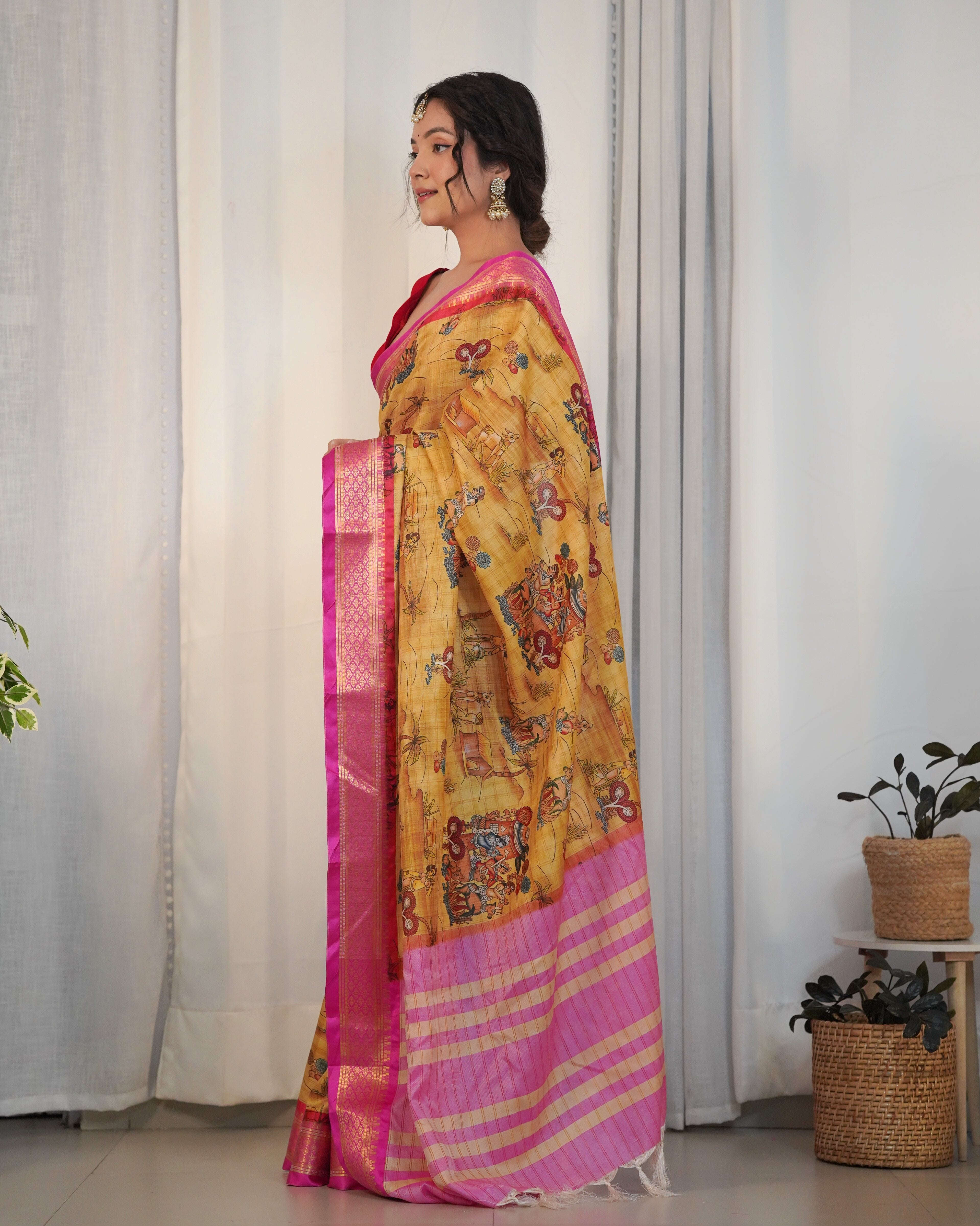 Pure Weaving Silk Saree with Kalamkari Print. Kalikar