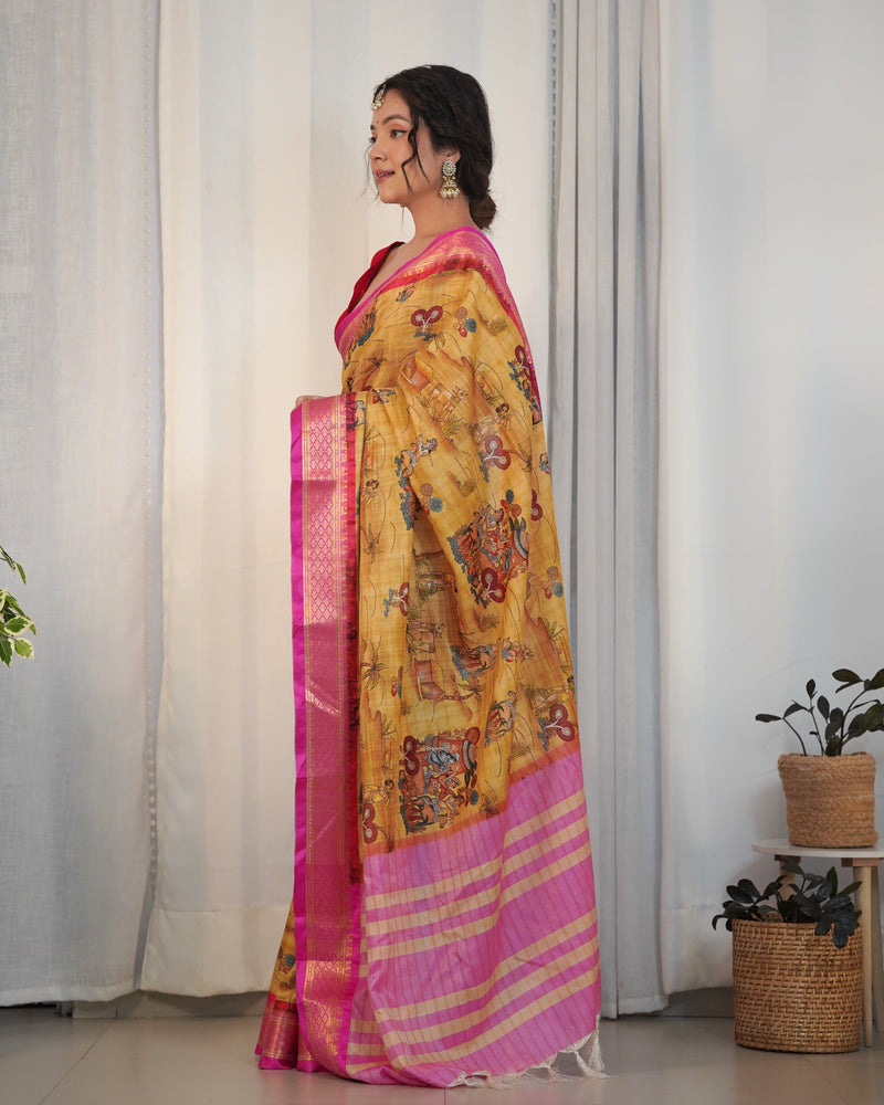 Pure Weaving Silk Saree with Kalamkari Print.