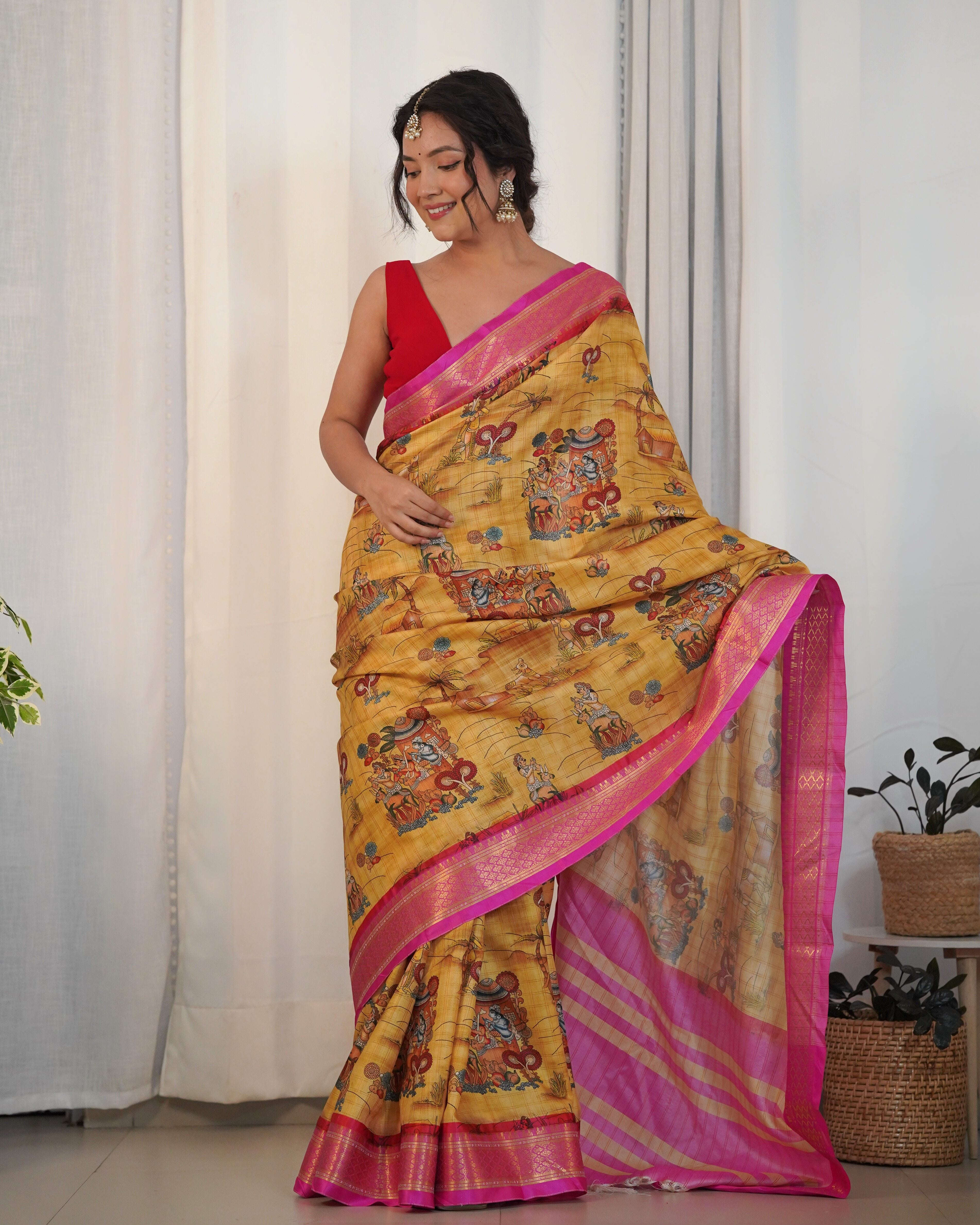 Pure Weaving Silk Saree with Kalamkari Print. Kalikar
