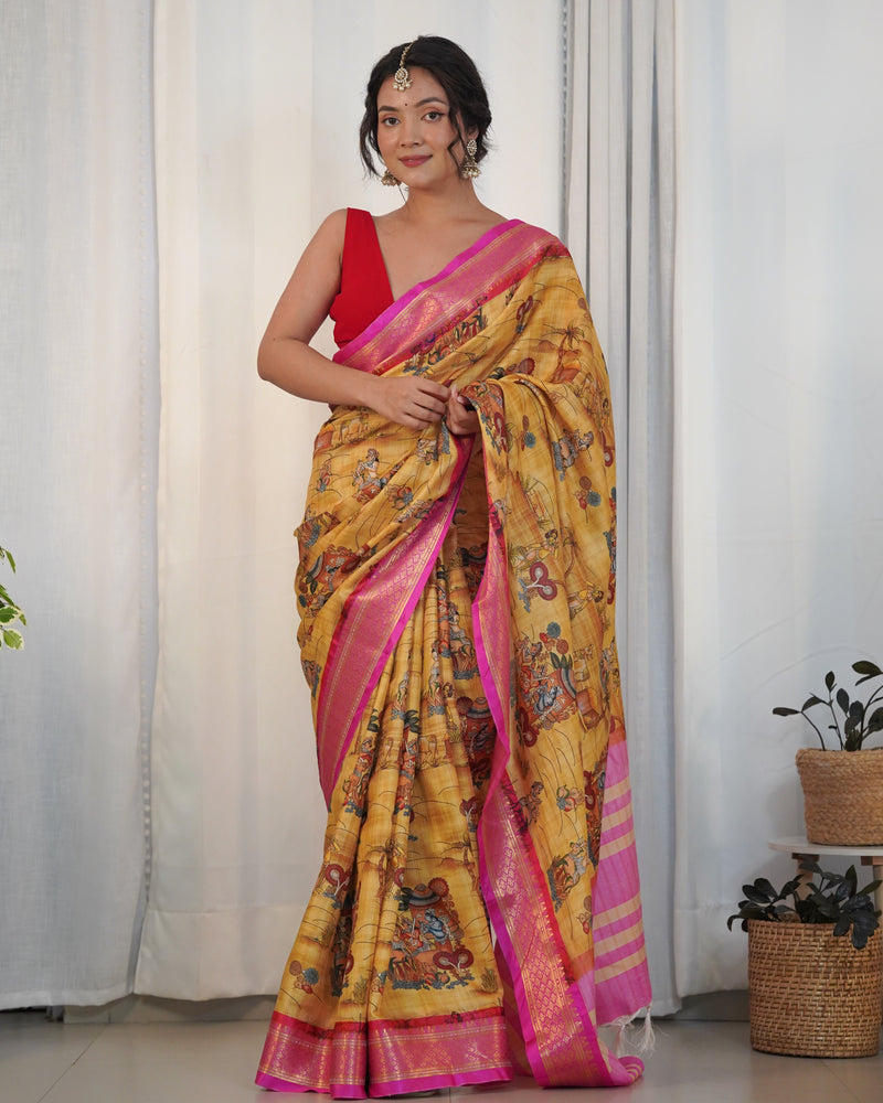 Pure Weaving Silk Saree with Kalamkari Print.