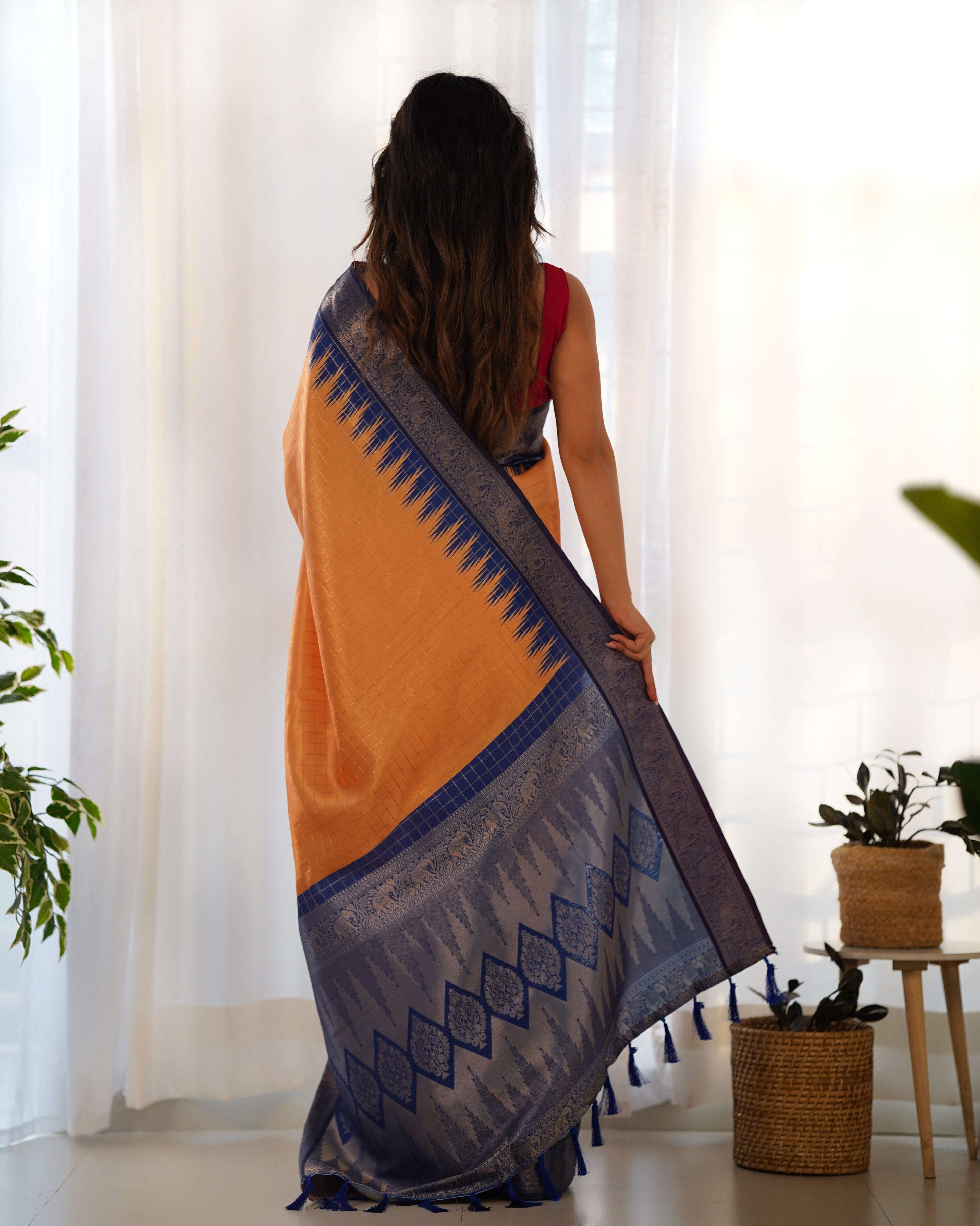 Peach Color Designer Prism Print with Weaving Border. Kalikar