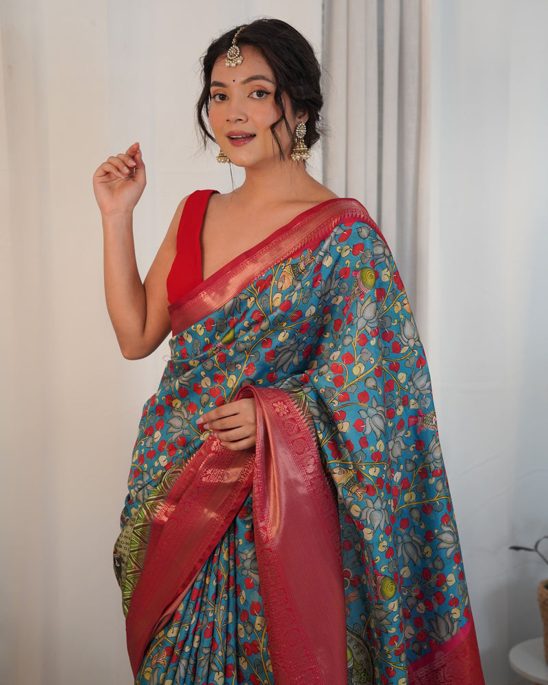 Designer Kalamkari Printed Saree of Blue Color