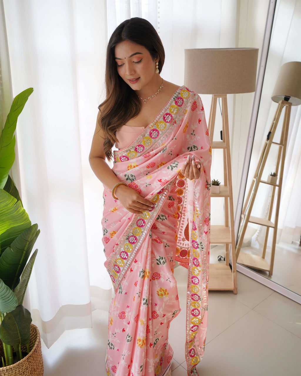 Designer Floral Printed Blue Saree with Embroidery work Kalikar