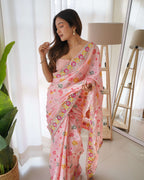 Designer Floral Printed Blue Saree with Embroidery work Kalikar