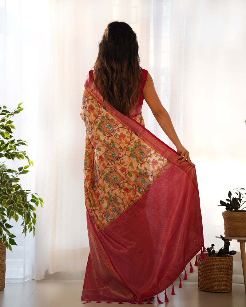 Designer Kalamkari Printed Saree of Peach Color