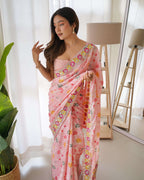 Designer Floral Printed Blue Saree with Embroidery work Kalikar