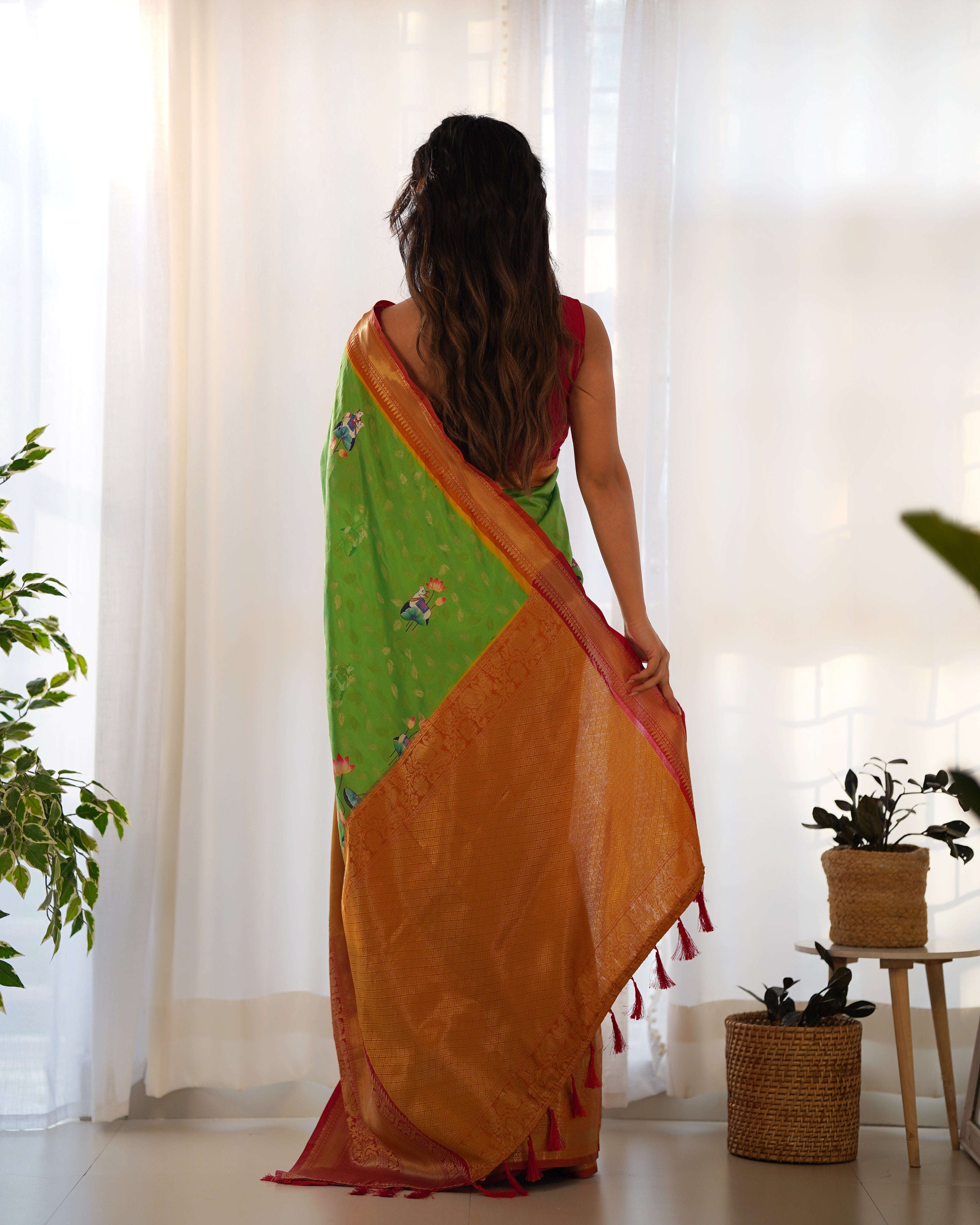 Designer Kalamkari Printed Saree of Green Color Kalikar