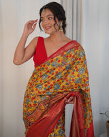 Designer Kalamkari Printed Saree of Yellow Color