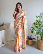 Designer Floral Printed Yellow Saree with Embroidery work Kalikar