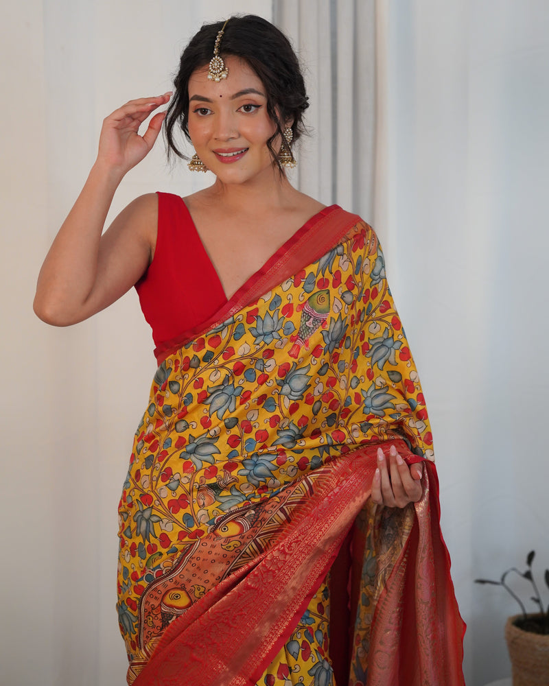 Designer Kalamkari Printed Saree of Yellow Color