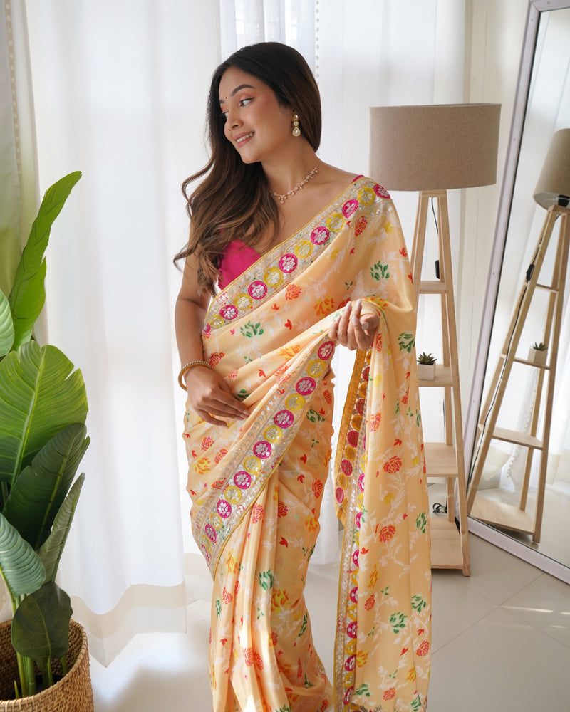 Designer Floral Printed Yellow Saree with Embroidery work