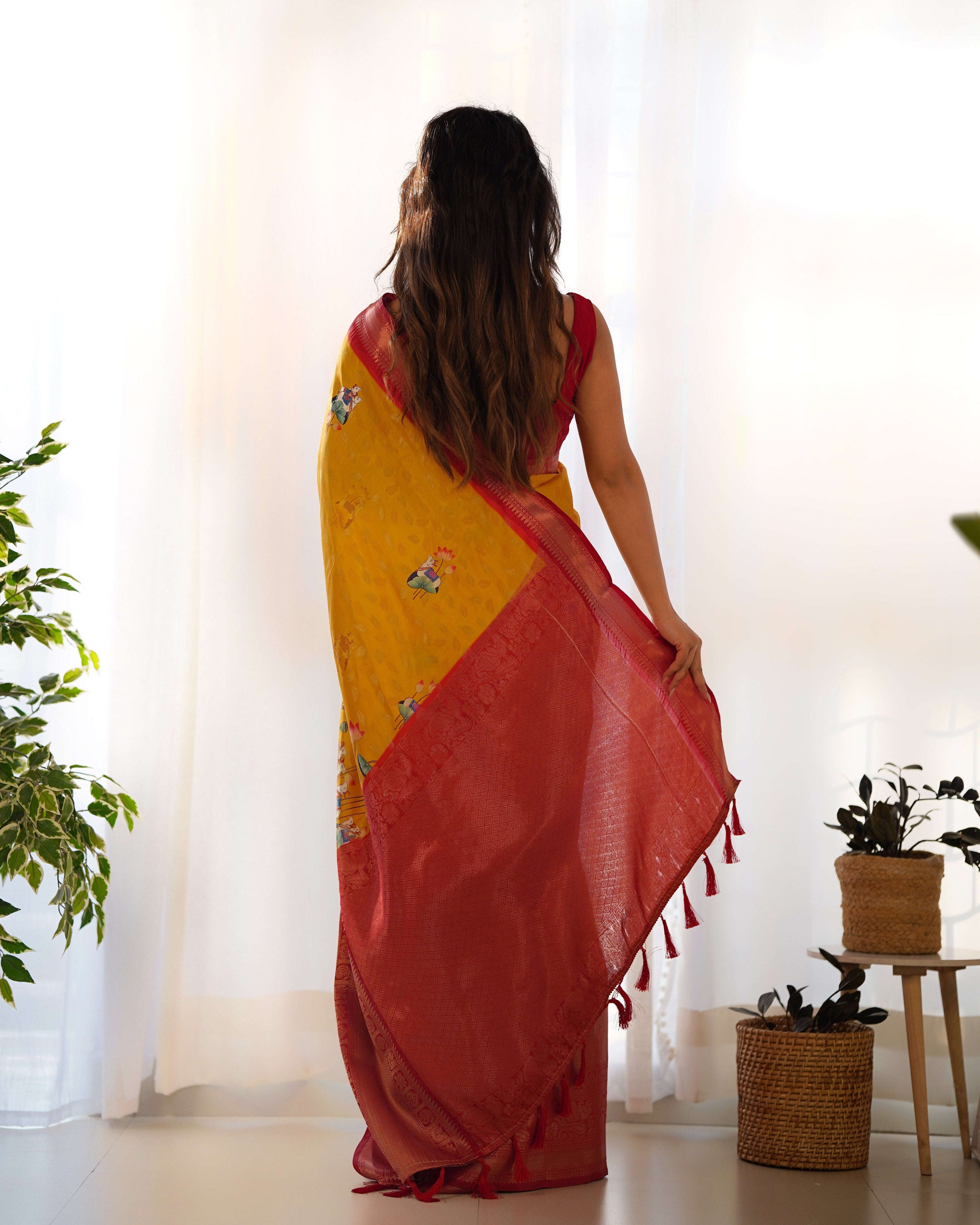 Designer Kalamkari Printed Saree of Mustered Yellow Color Kalikar