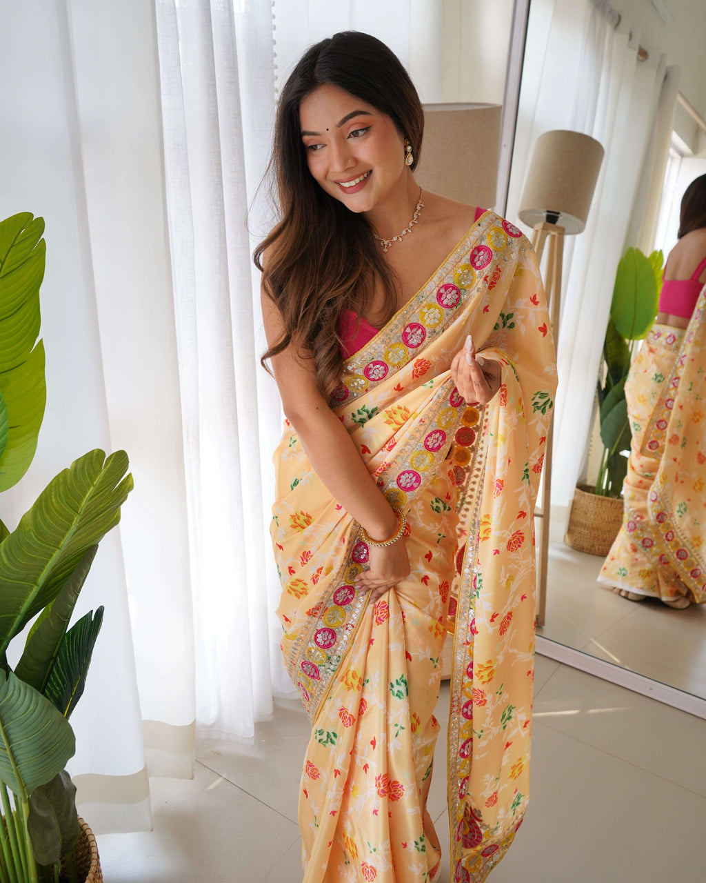 Designer Floral Printed Yellow Saree with Embroidery work Kalikar