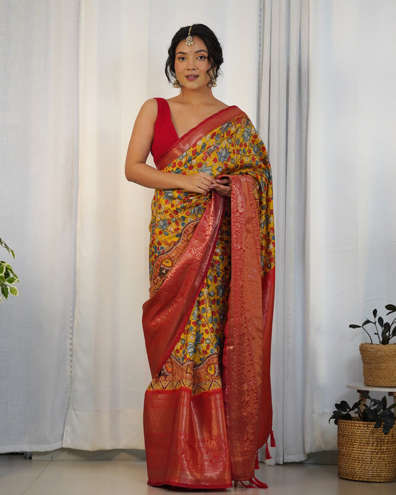 Designer Kalamkari Printed Saree of Yellow Color