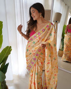 Designer Floral Printed Yellow Saree with Embroidery work Kalikar