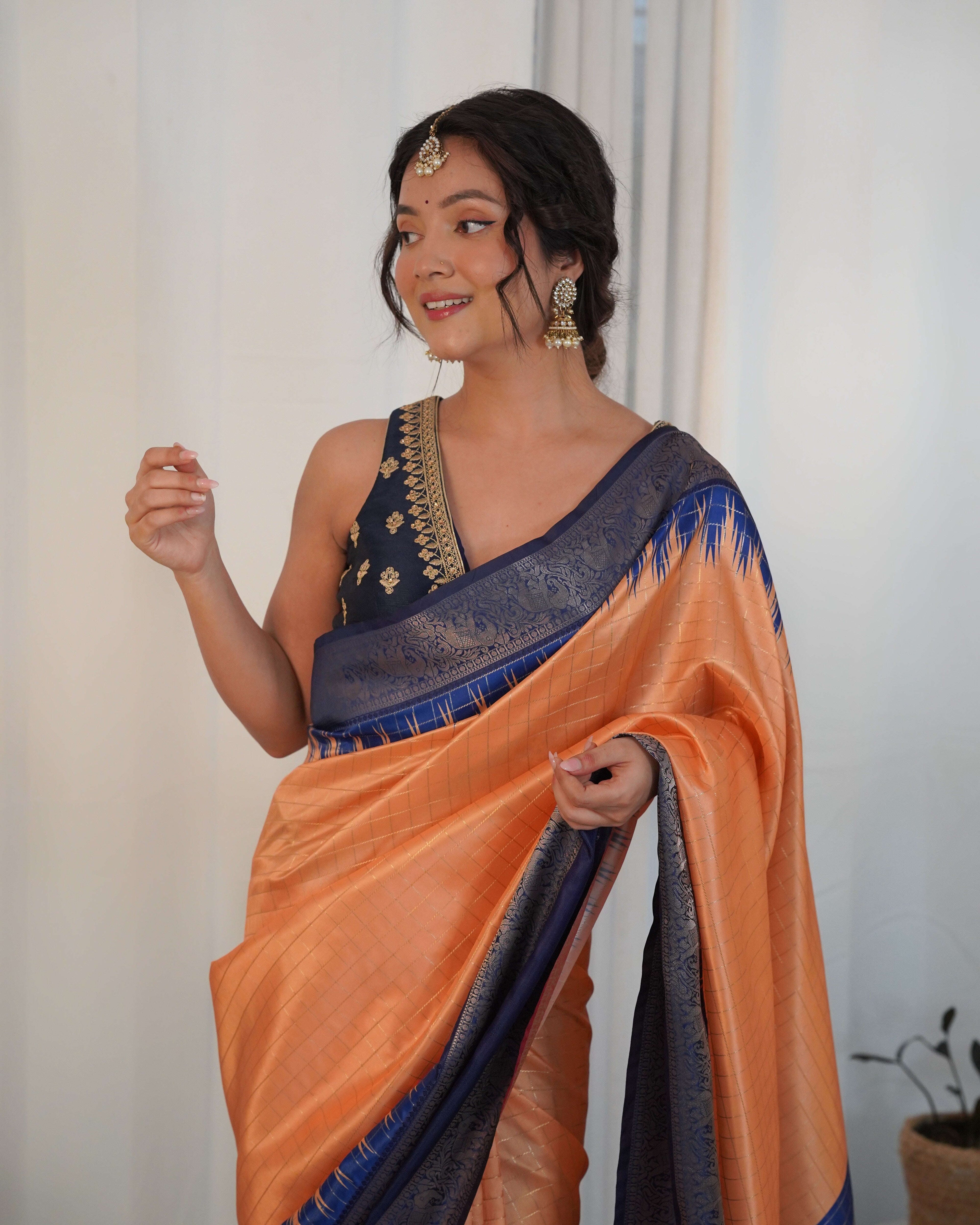 Peach Color Designer Prism Print with Weaving Border. Kalikar