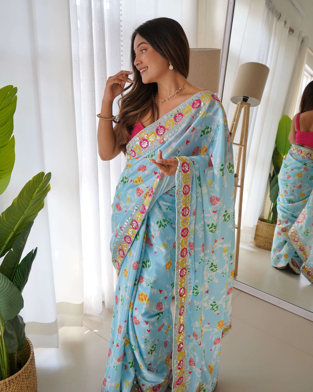 Designer Floral Printed Pink Saree with Embroidery work Kalikar