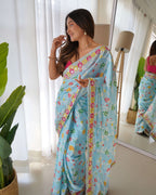 Designer Floral Printed Pink Saree with Embroidery work Kalikar