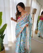 Designer Floral Printed Pink Saree with Embroidery work Kalikar