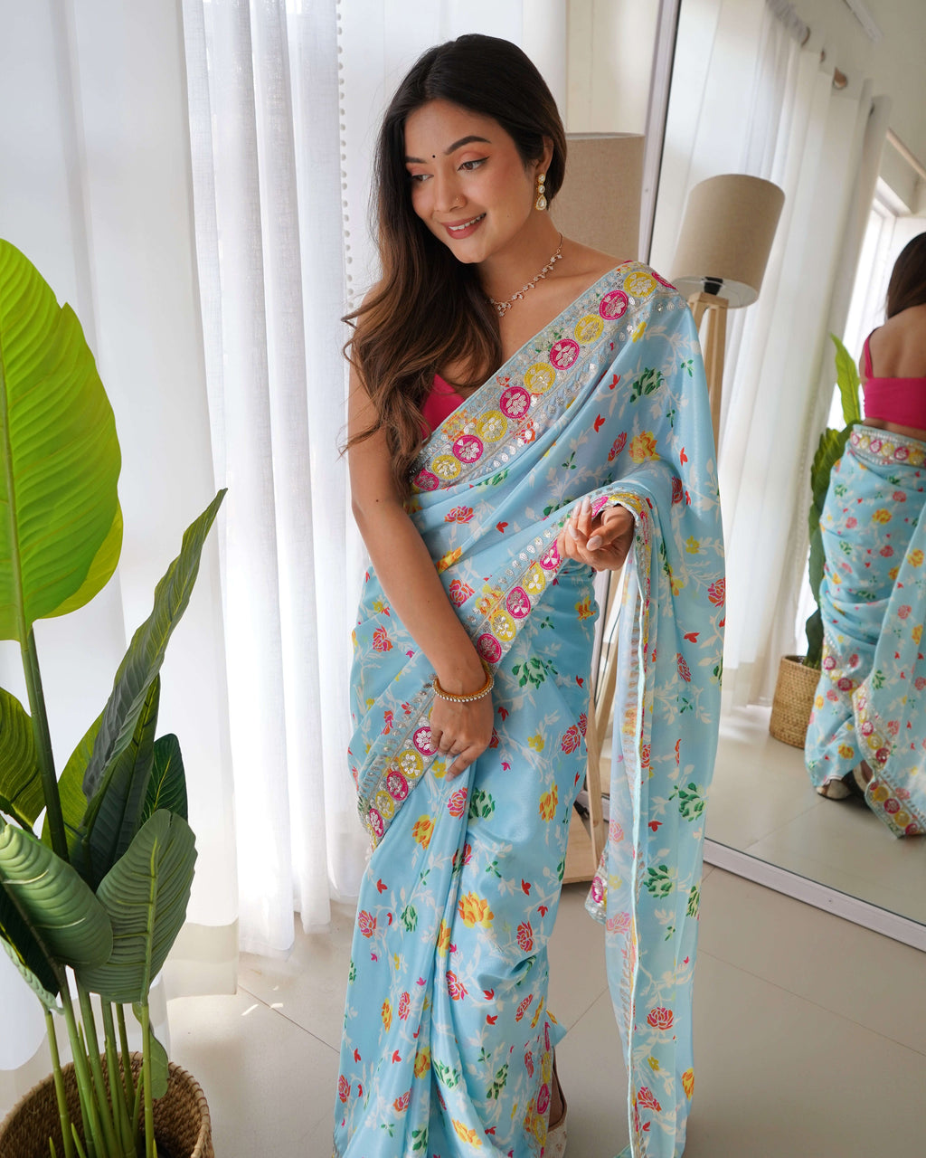 Designer Floral Printed Pink Saree with Embroidery work Kalikar