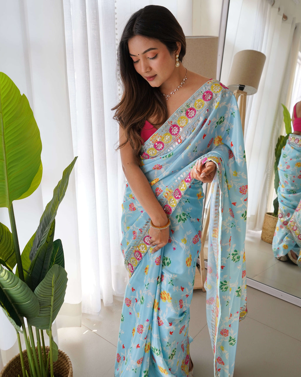 Designer Floral Printed Pink Saree with Embroidery work Kalikar