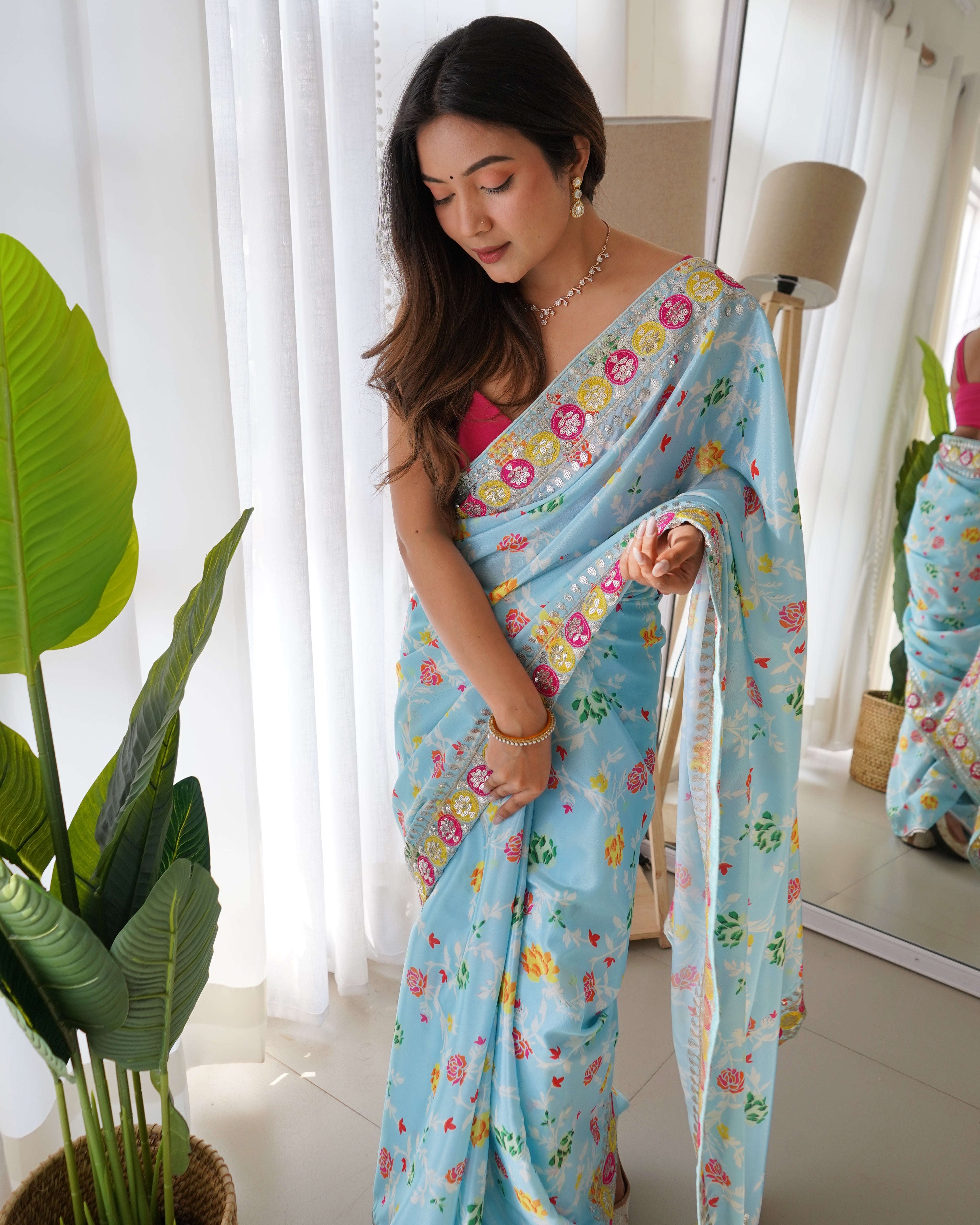 Designer Floral Printed Pink Saree with Embroidery work Kalikar