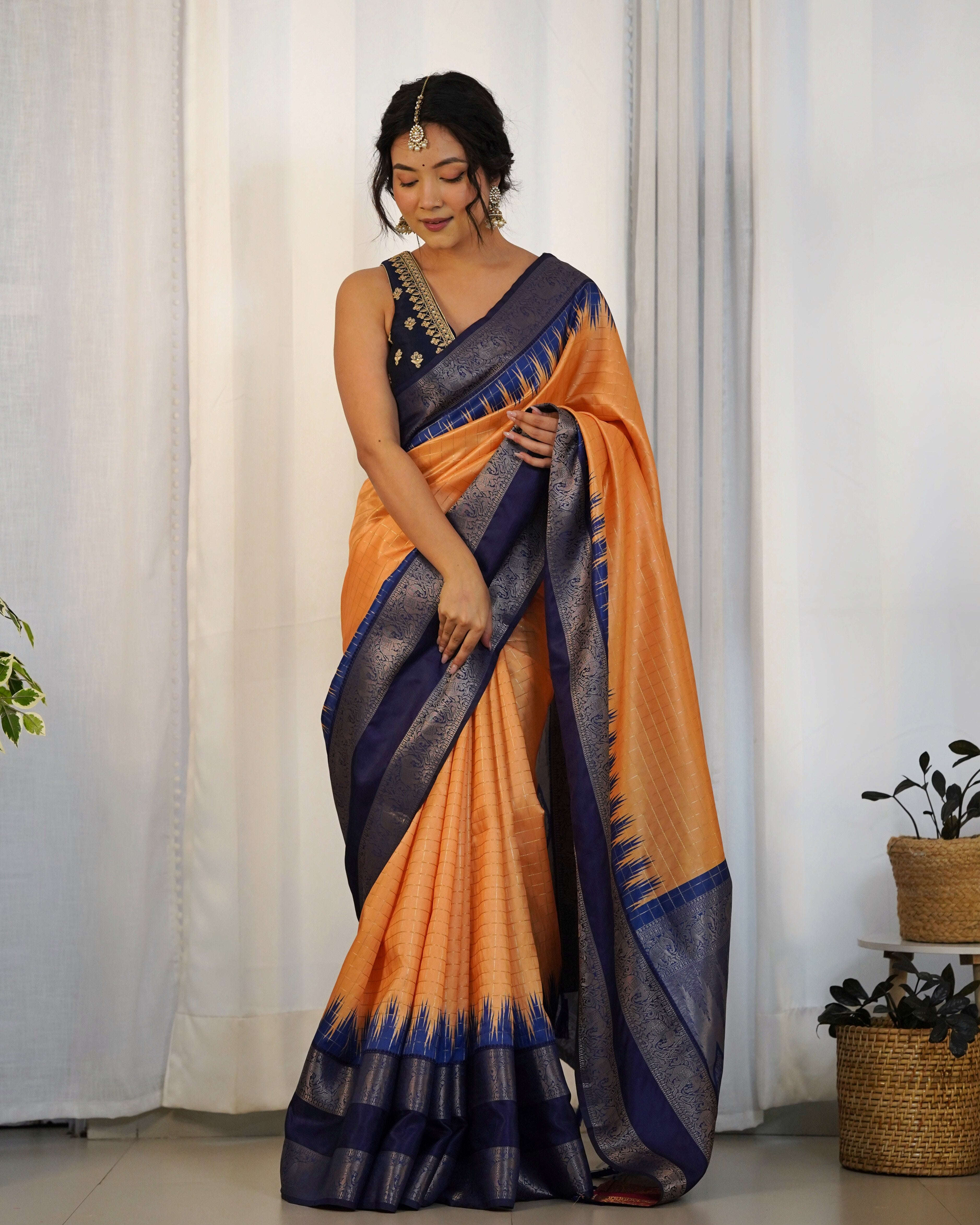 Peach Color Designer Prism Print with Weaving Border. Kalikar