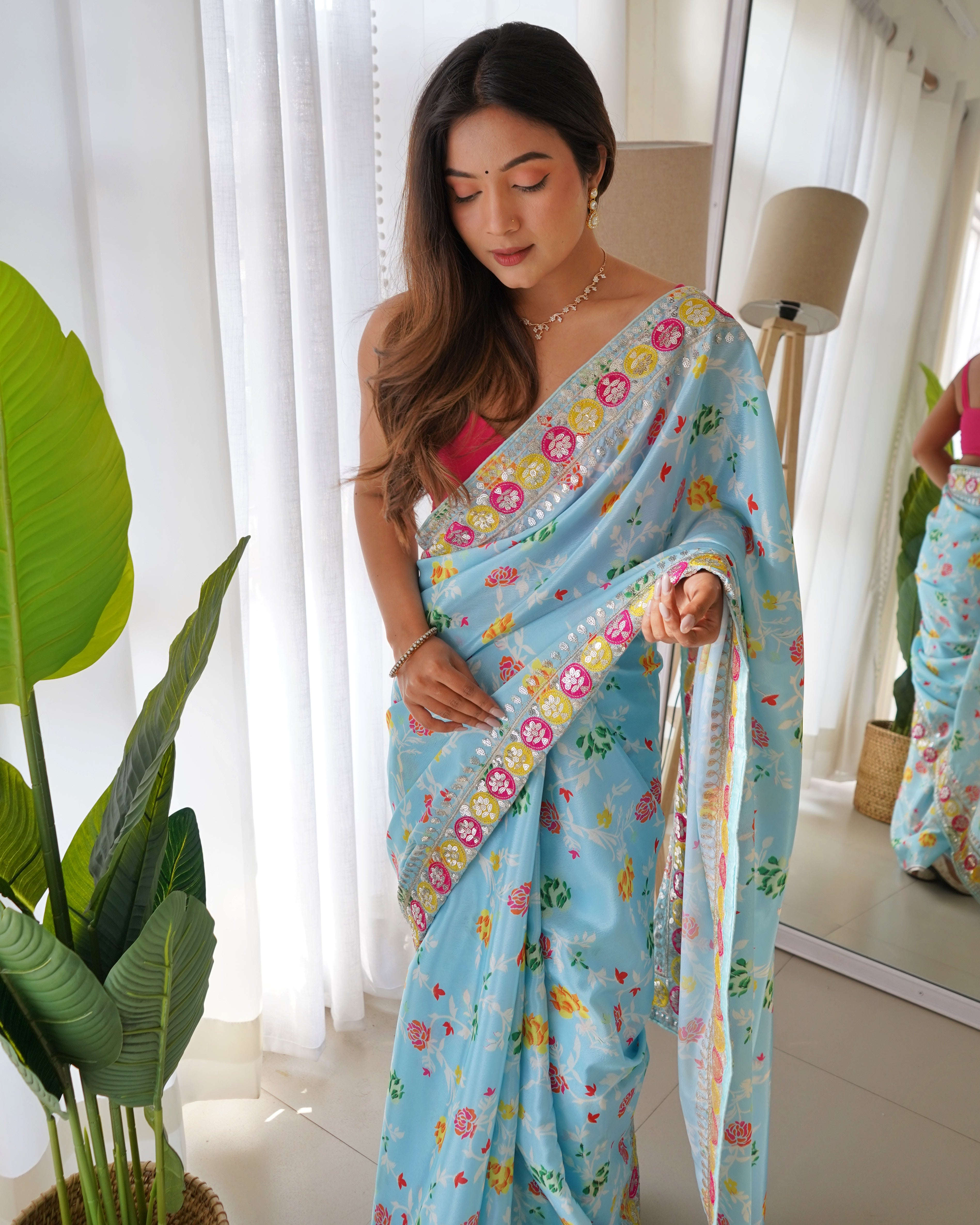 Designer Floral Printed Pink Saree with Embroidery work Kalikar