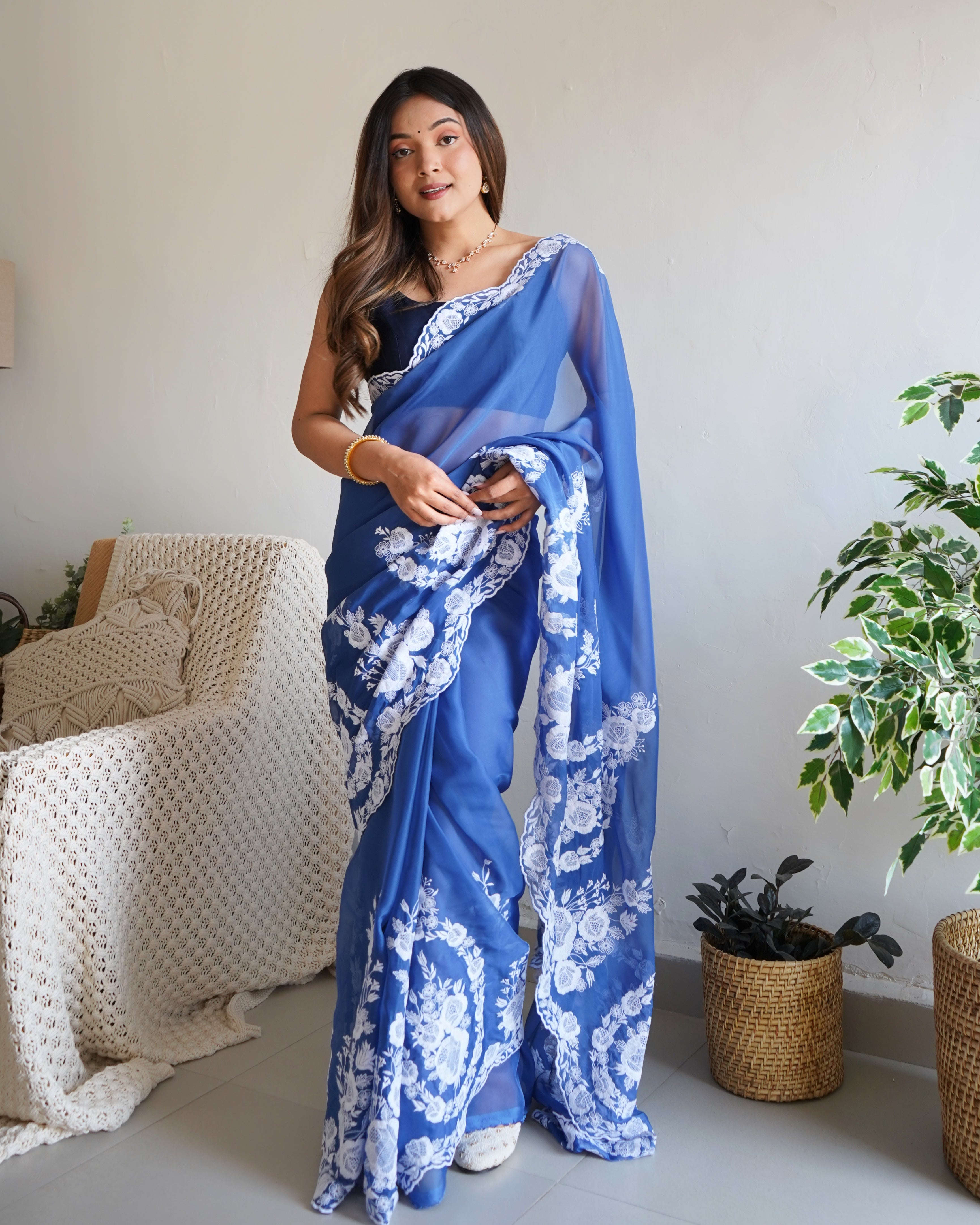 Designer Thread Embroidery Saree of Blue Color. Kalikar