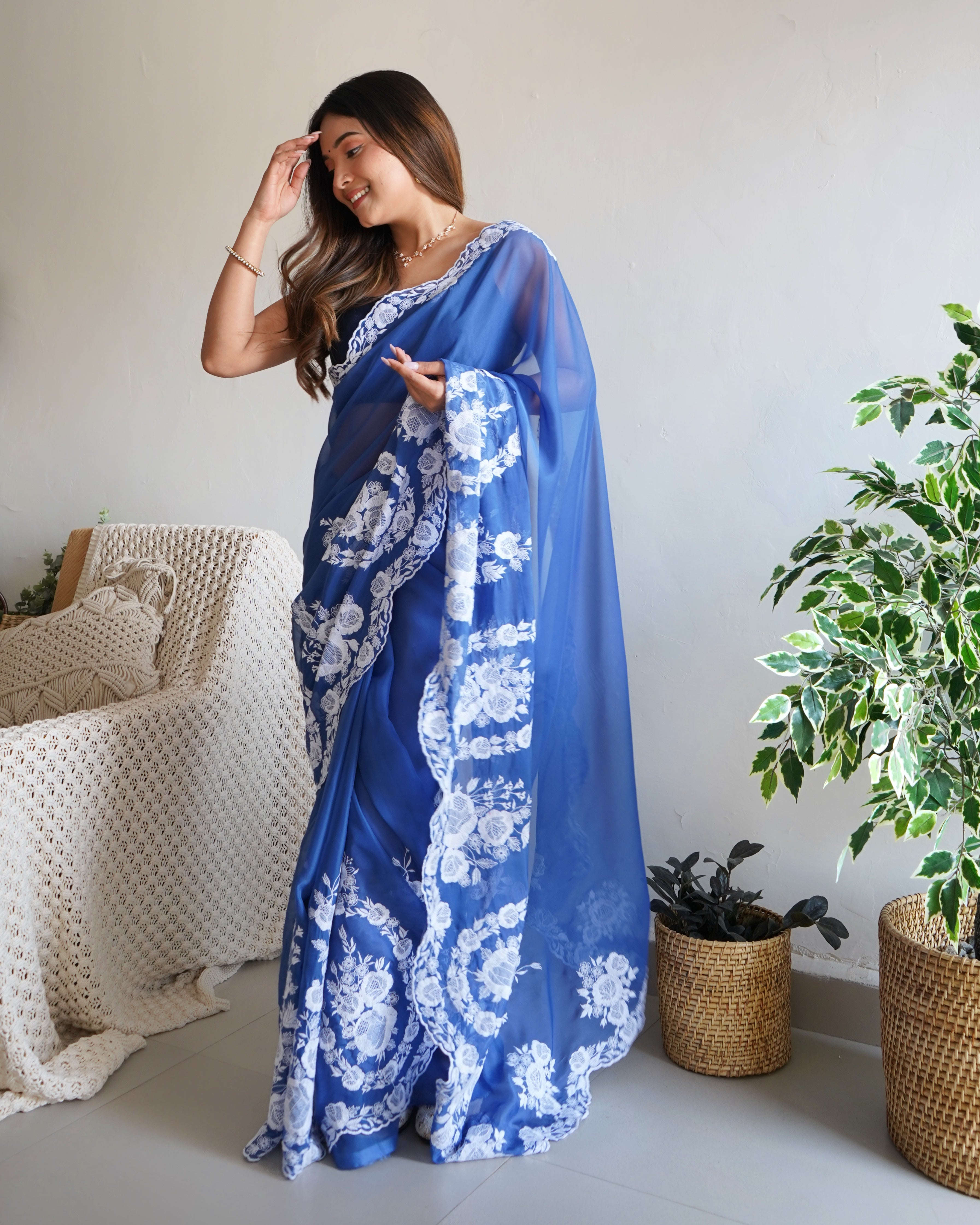 Designer Thread Embroidery Saree of Blue Color. Kalikar
