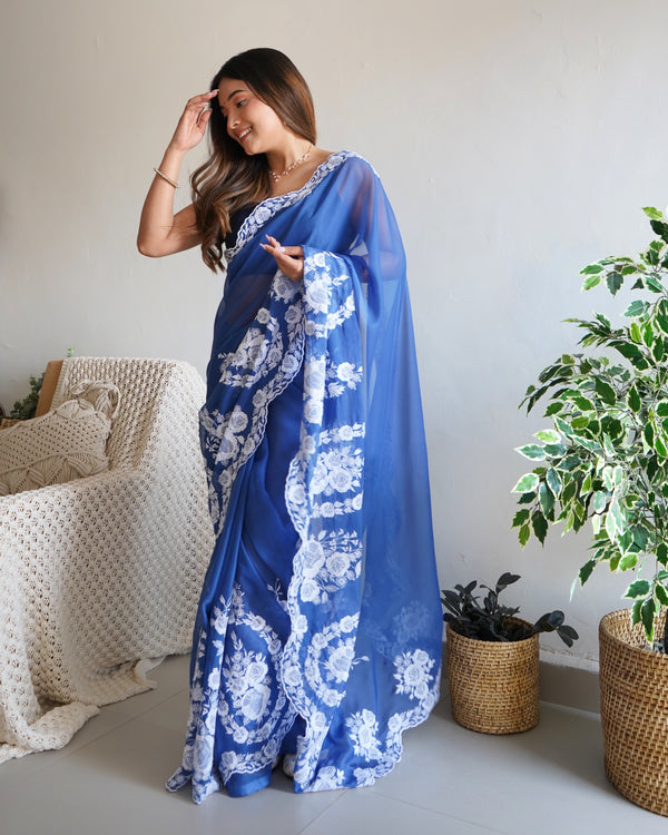 Designer Thread Embroidery Saree of Blue Color.