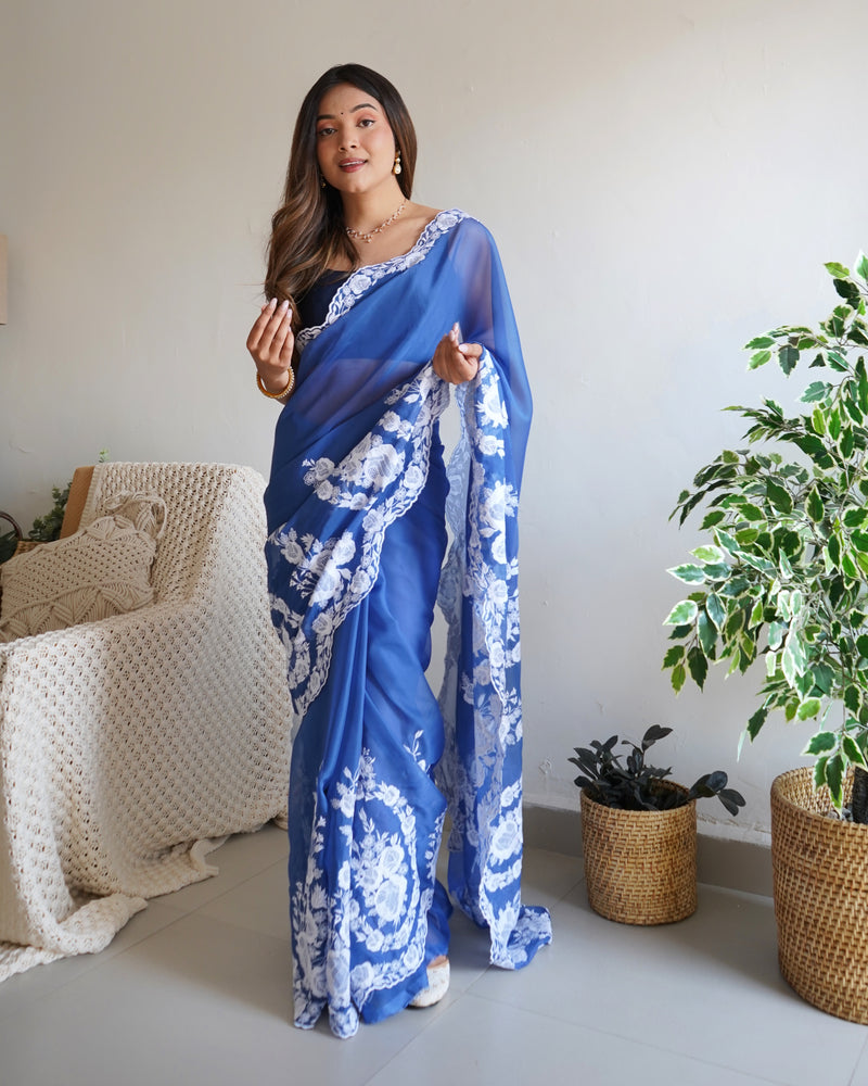 Designer Thread Embroidery Saree of Blue Color.