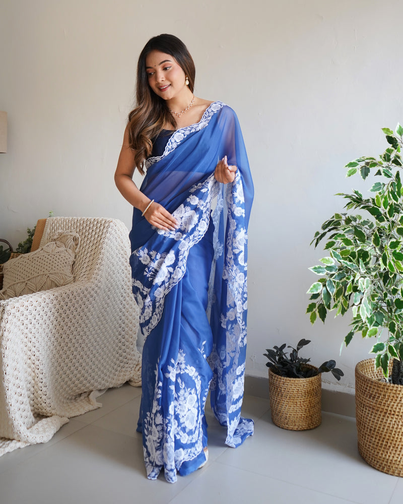 Designer Thread Embroidery Saree of Blue Color.