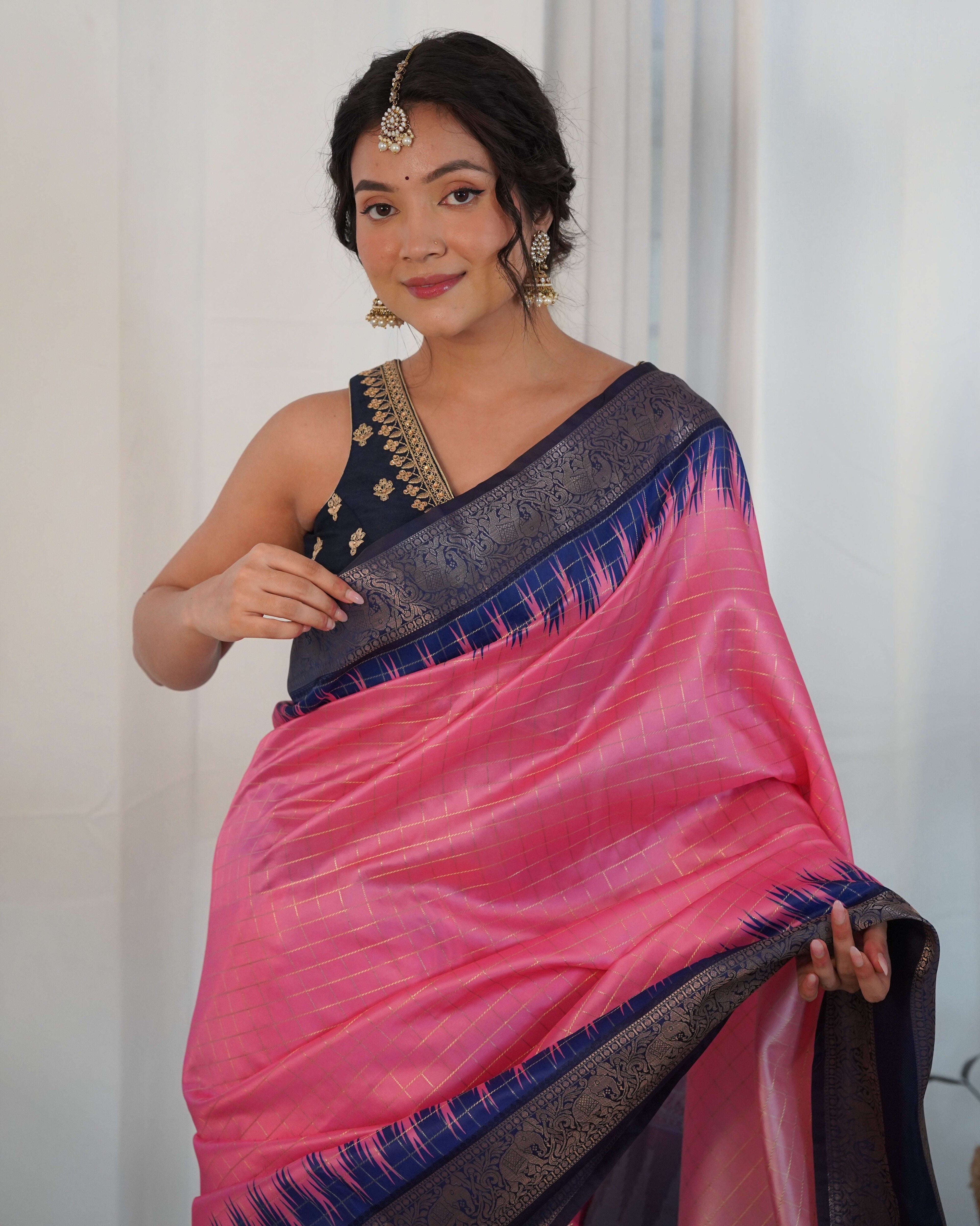 Pink Color Designer Prism Print with Weaving Border. Kalikar