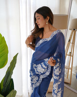 Designer Thread Embroidery Saree of Blue Color.