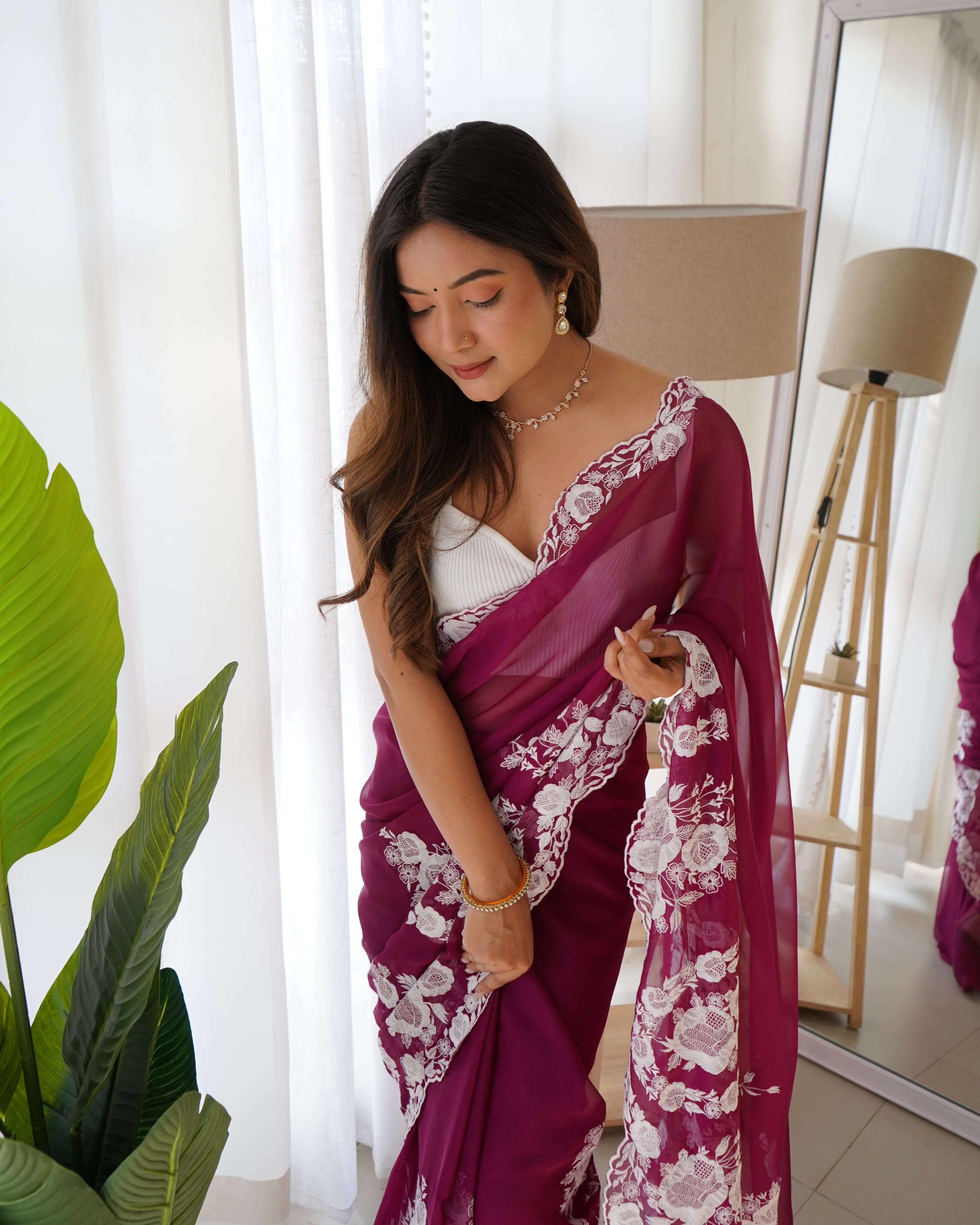 Designer Thread Embroidery Saree of Wine Color. Kalikar